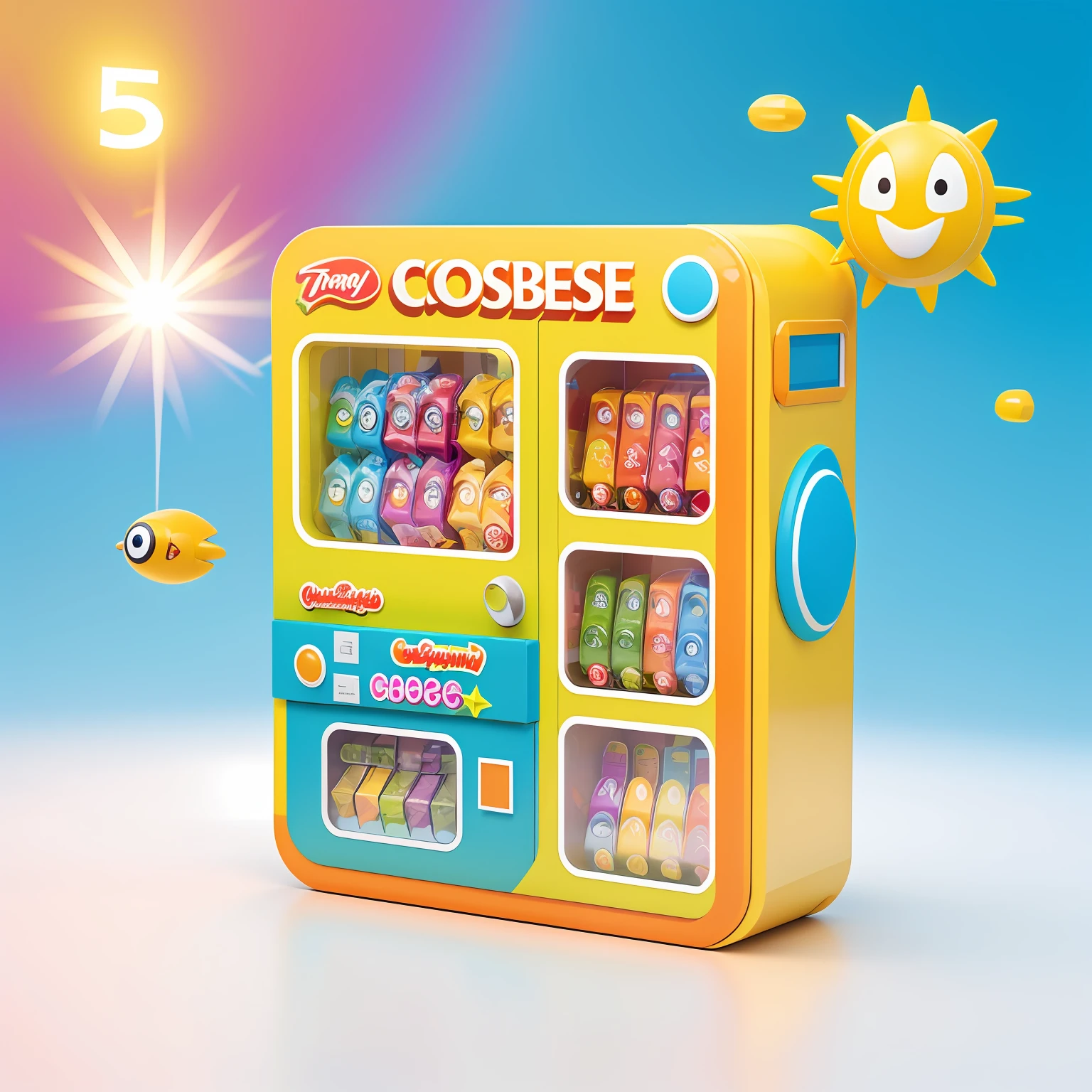 Close-up of toy with display，The fuselage has elements of a toy，vending machines，sci-fi vending machine，3D product render，There can be some specific description scenes on the machine，por exemplo, Someone goes to the vending machine to buy toys or blind boxes，Or describe buying a toy，Some combinations of foil scene elements， Product rendering，Stylistic references attract attention，Bright，A representative element of sunshine fashion，There are reasonable ones on the fuselage, For example, Someone goes，Buy toys, etc，The overall color is mainly yellow and white，Color distribution is 50 each%，Wish there were more elements，A little diversified，Fewer colors，The cargo hold is noticeably clearer