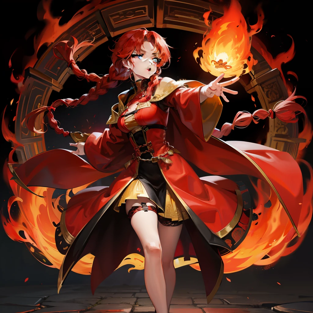 Against the background of the fire element,Big red hair,With a long braid,Wear a magical red checkered dress,The legs are worn with knee-length black silk
