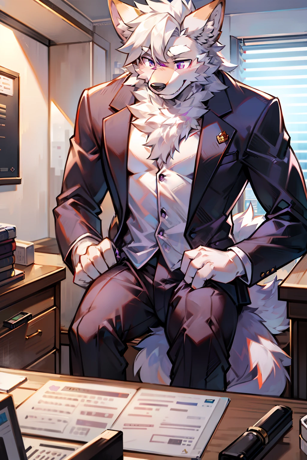 solo person,shaggy male,hairy bodies,shoun,coyote,canid,grey fur,Long white hair,The ends of the hair are purple,Purple eye,Bind your hands,Bullied,adolable,Handsome,large tail,full bodyesbian,Business suit,in company,sitting in office