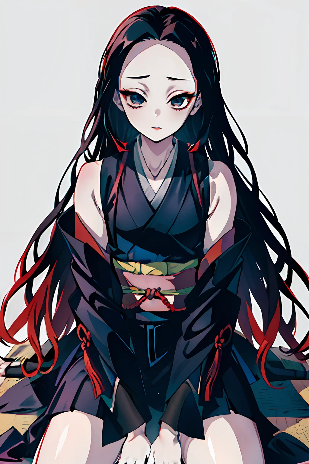 Kimetsu no Yaiba style, 1girl, 独奏, kblack eyes, bright red hair, extra very long hair,   ((Masterpiece)), ((Masterpiece)), (((hiquality))), japanese clothes, black kimono, Sleeveless, detached sleeves, black nails, blue shadows,  little chest, bare thigh, deep neckline