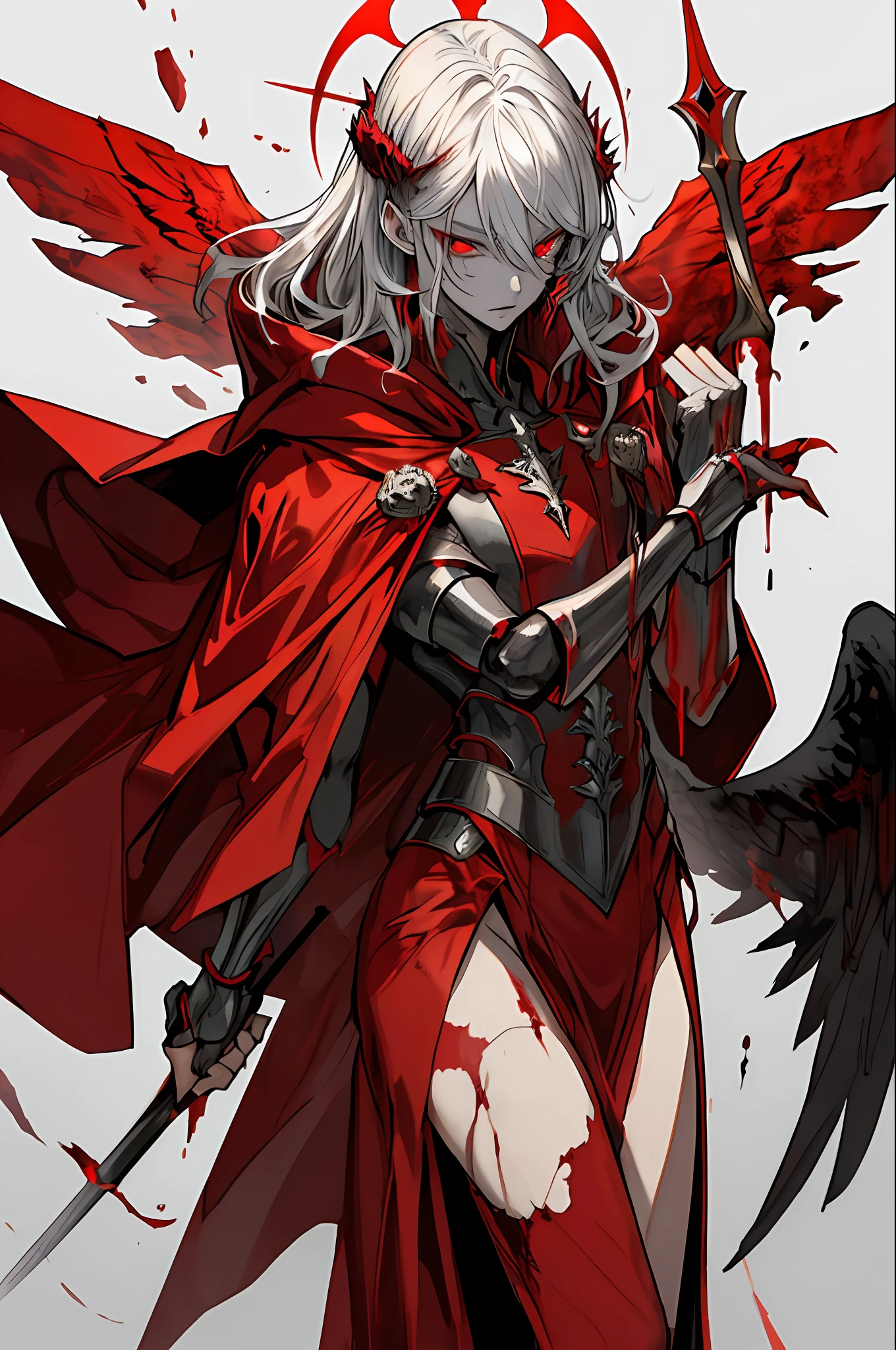 (masterpiece, best quality), A terrifying , full body, Male, Handsome features, Red eyes, Blood bath, Red Cloak, Aesthetic vibe, goddess, holy , Arch angel, Night sky, A big wand, colourful.