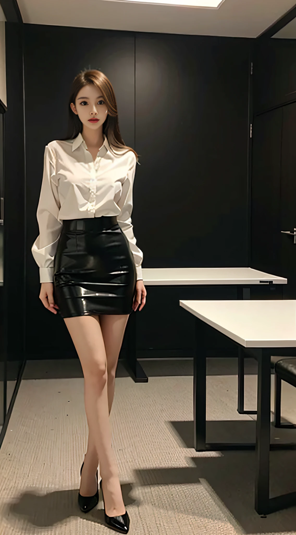 ((midynight, Need, 8K, tmasterpiece:1.3)), full bodyesbian, Long legs, Focalors:1.2, perfect figure beautiful woman:1.4, Slim abs:1.1, ((Dark brown hair, huge tit:1.2 )), (White color blouse, Black leather boots,Leather skirt,Black pantyhose standing:1.2), Highly detailed facial and skin texture, A detailed eye, 二重まぶた,Painful expression,Trembling,gasps,get down on the bed