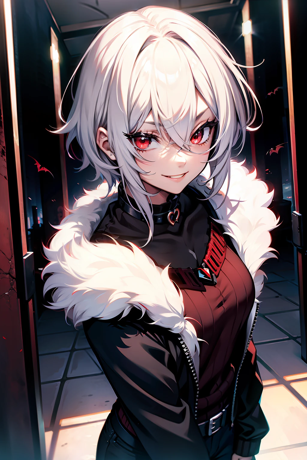 a handsome girl, solo, silver hair, [(gradient hair from black to silver:1.6):0.9], (black inner hair:0.8), medium hair, red eyes, bright eyes, fang (black and red jacket:1.4), black tie, white high neck collar, sleeveless, black shorts, (garter rings), black tights, expressionless, perfect lighting, best angle, masterpiece, best quality, extremely detailed face, extremely detailed,