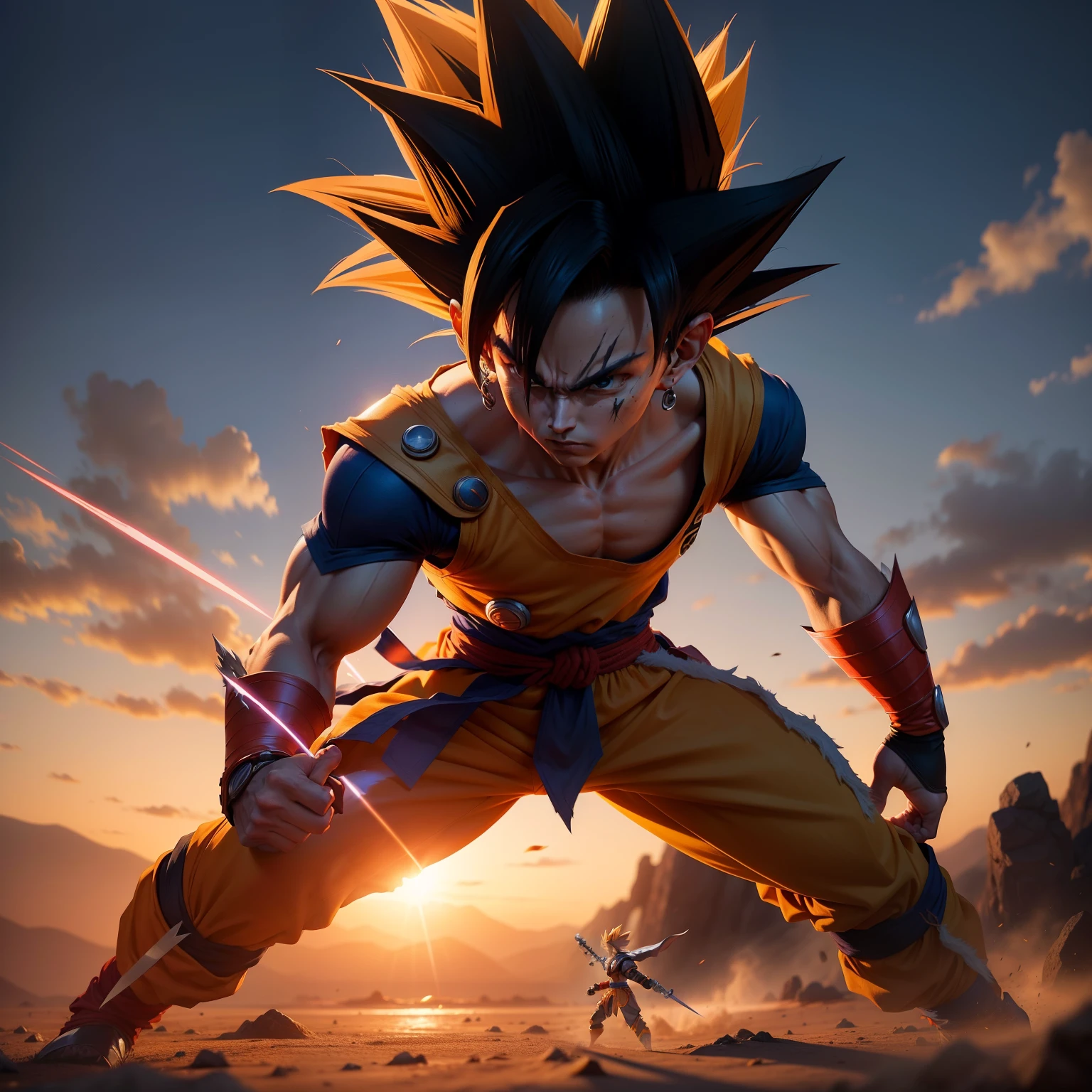 Creates photo of a warrior that is the result of the merger between Goku and Vegeta.  in combat position