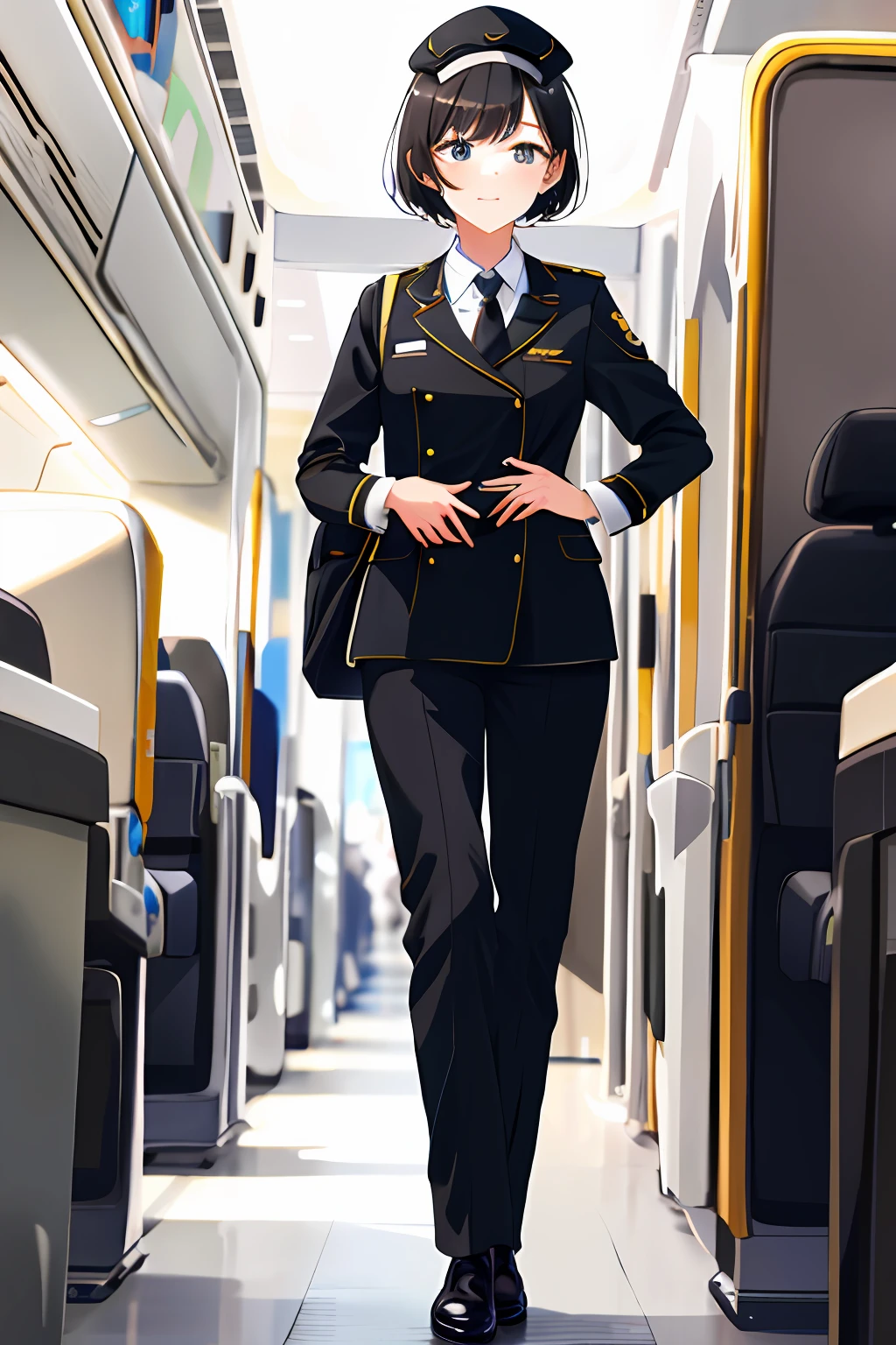 Guli Naza, hentail realism,1girll, 独奏, short detailed hair, mediuml breasts, (Split color hair, Black hair, Dark black hair: 1.3), Black colored eyes, ssmile, standing on your feet, dynamicposes, 8K, tmasterpiece, best qualtiy, Perfect flight attendant uniform, Ladies cap,cinmatic lighting, cowboy lens, (flightattendantuniform:1.1), (kitchens、sobu:1.1),Street photography