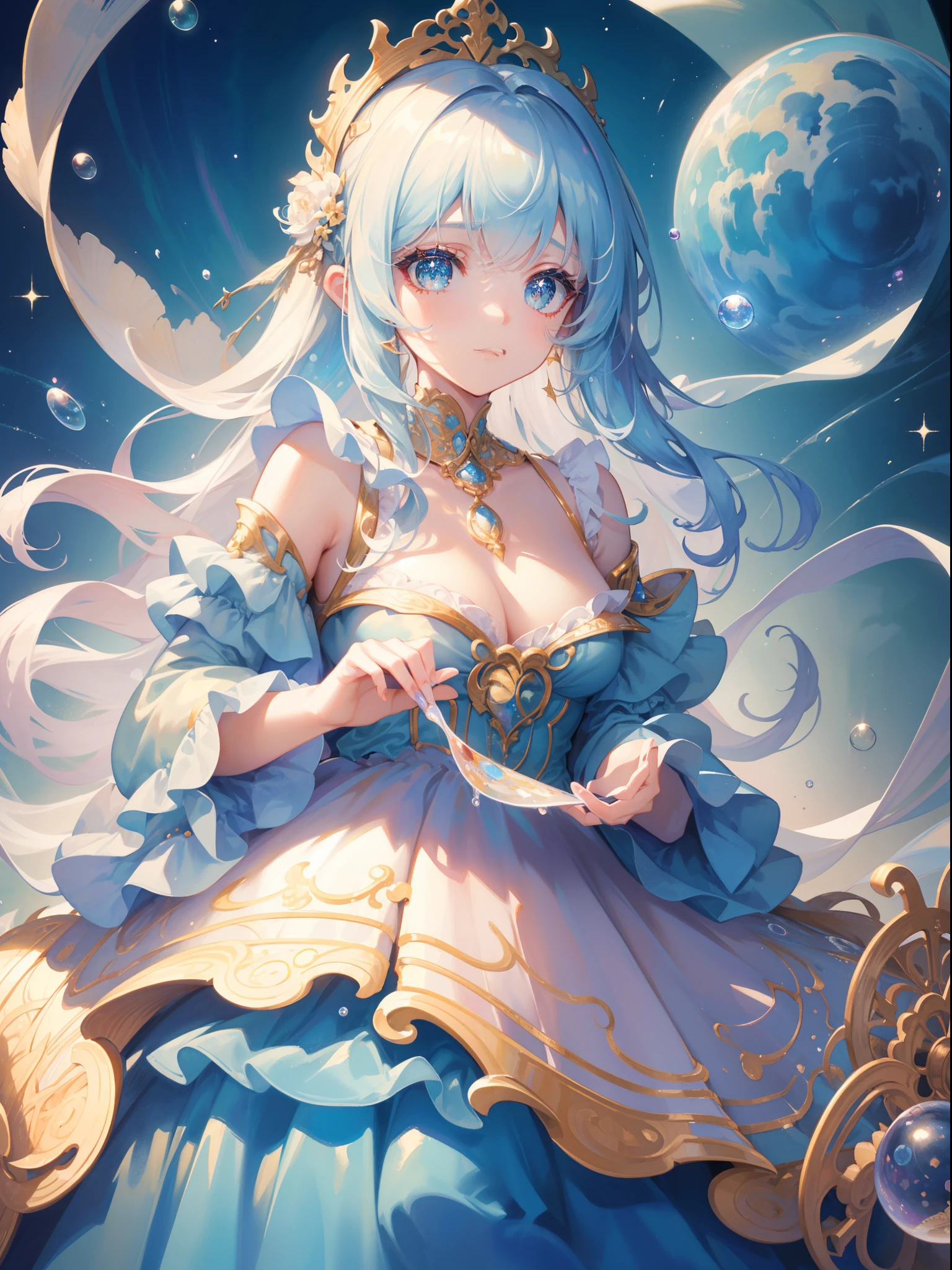 masterpiece, best quality, 8k resolution, sharp focus, intricate detail, beautiful girl, sparkling eyes, golden ratio face, otherworldly liquid, watercolor, pastel colors, bright colors, whimsical, colorful, sharp focus, high resolution, fine detail, ((layered tiered puffy long sleeves ballgown)), ((round eyes)), iridescent bubbles, fantasia background