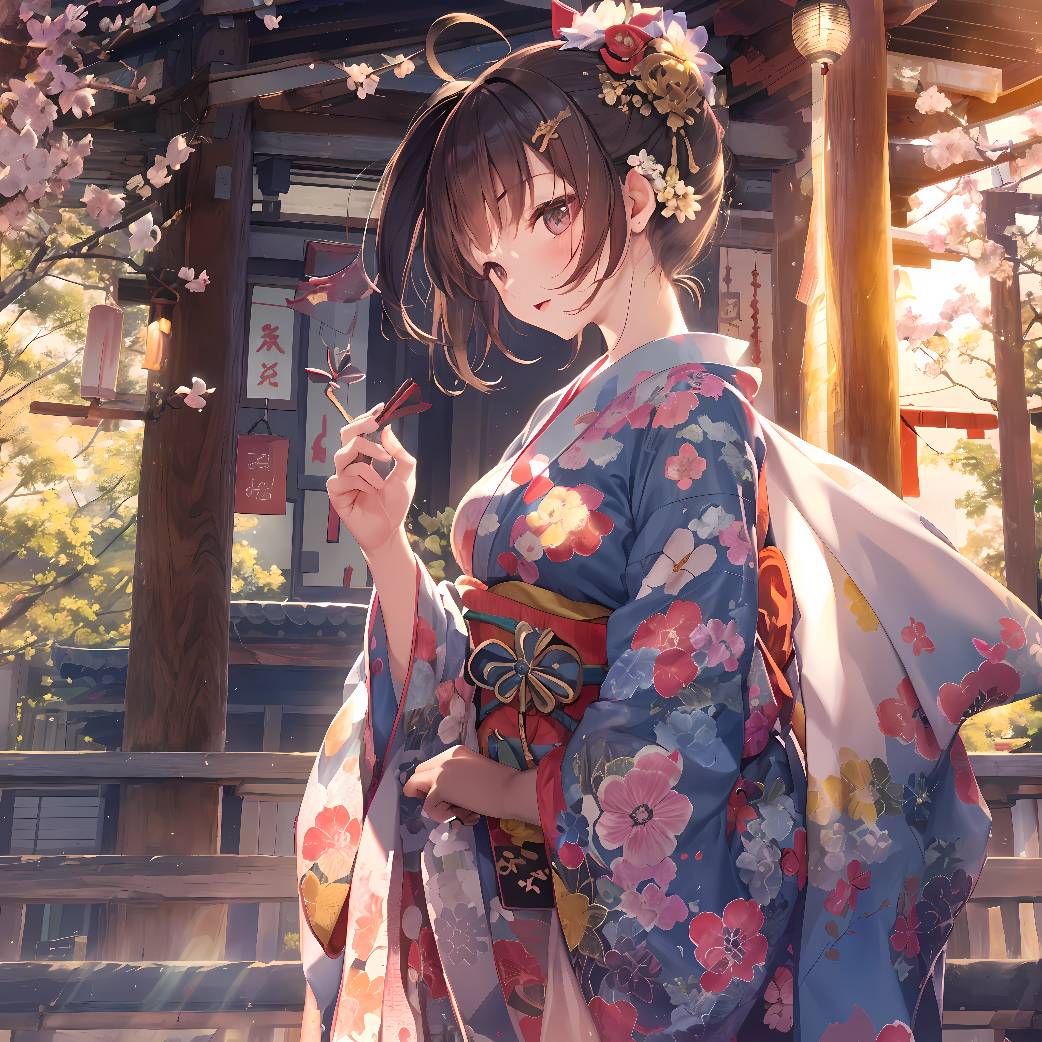 夏天、While the sunset casts a gentle light on the shrine、 girl in yukata standing。The yukata she wears is、Artistic patterns drawn in high resolution、It has a detailed design。Yukata fabric fluttering in the wind、Colorful and beautiful、Among them her figure stands out。The photo taken from the side is、Elegant poses and shrine scenery harmonize、It leaves the impression of a wide work of art.、hight resolution、high-level image quality、8K、16 K