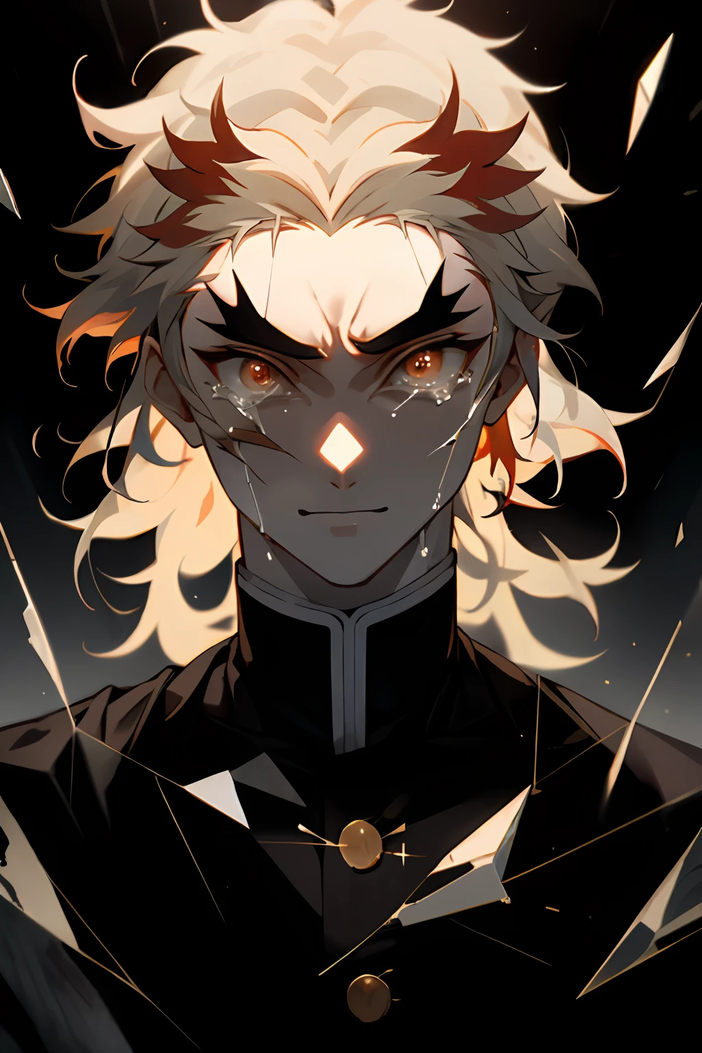 black backdrop, spotlight, glares, rhombus, Broken glass, Smile Mask, ((tears on my face)), upper-body, white glass debris, Rengoku Kejuro, male focus, 1 guy, (tmasterpiece, beste-Qualit, Ultra-detailed), soft-lighting, Painful face, (glares), (glistering), soft-lighting, Depth of field, strong bokeh, ray traced, prizmenníy world