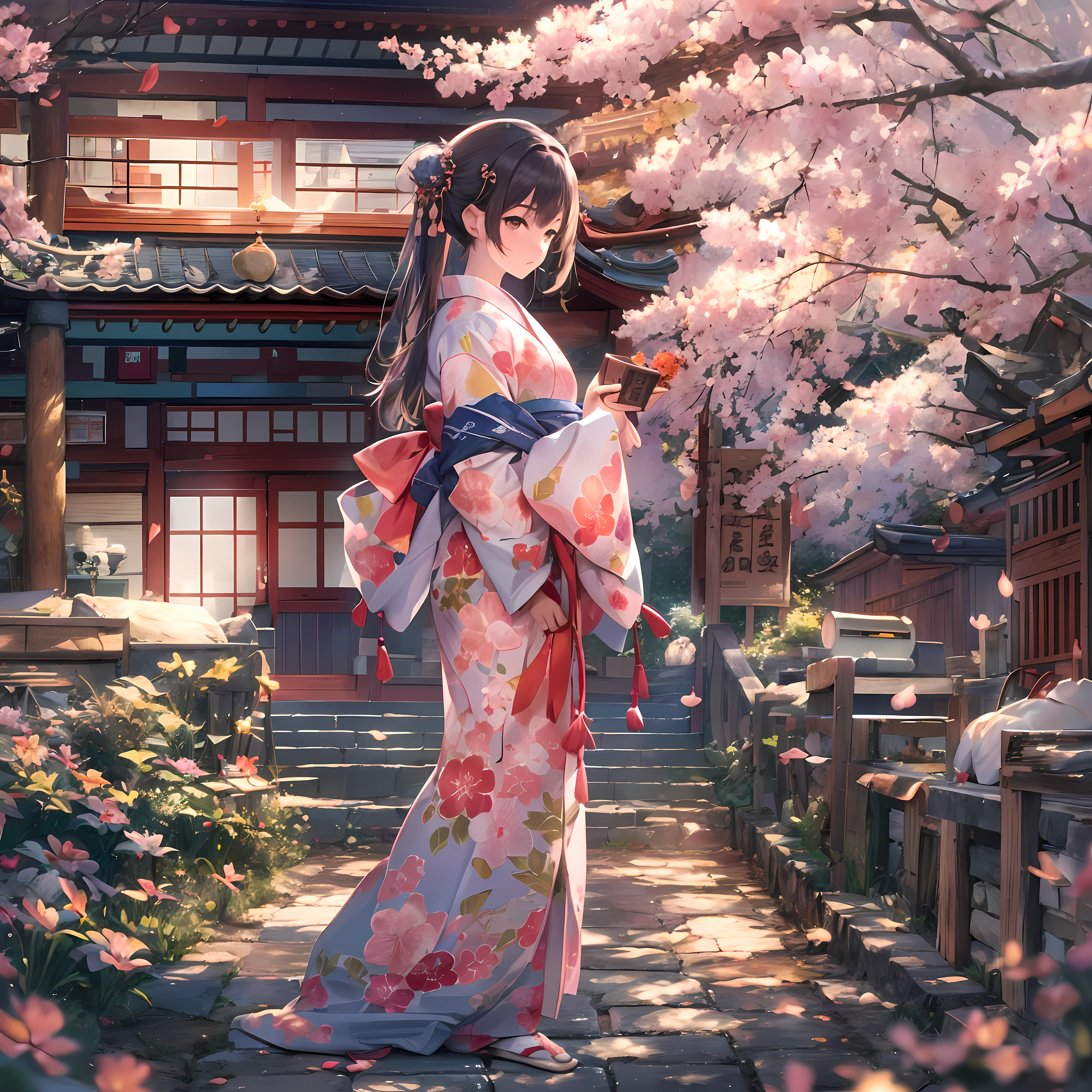 Anime girl in kimono outfit standing under cherry blossom tree - SeaArt AI
