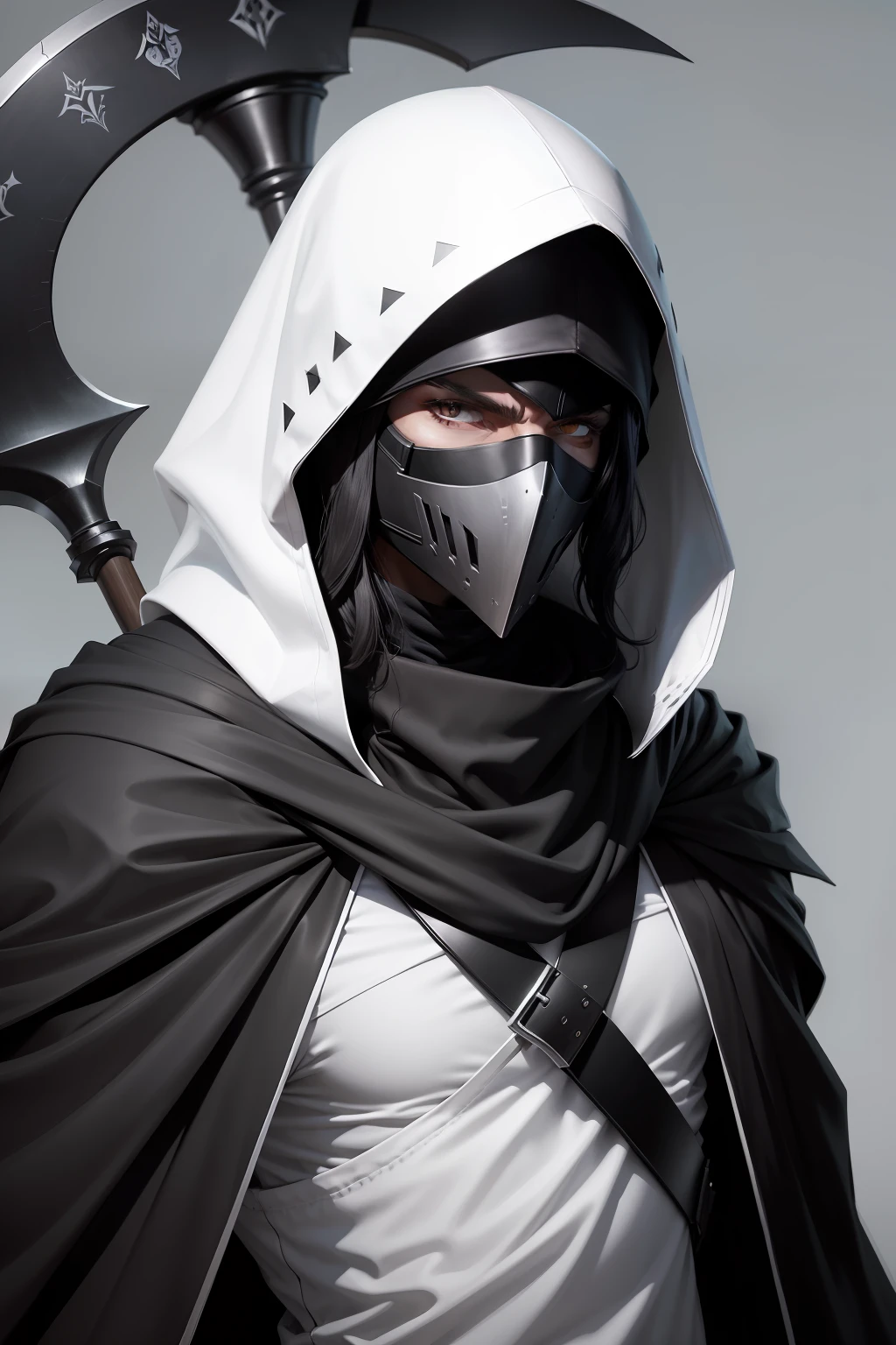 mtu,Black Assassin cape,White face mask,Carrying a scythe on his back,Simple art style