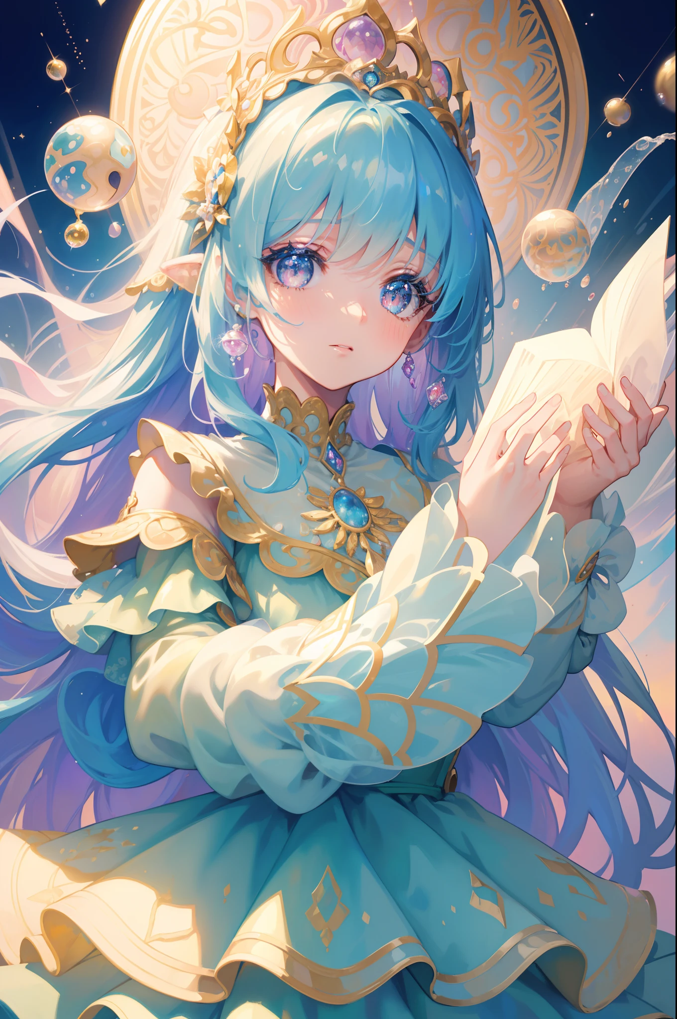 masterpiece, best quality, 8k resolution, sharp focus, intricate detail, beautiful girl, sparkling eyes, golden ratio face, otherworldly liquid, watercolor, pastel colors, bright colors, whimsical, colorful, sharp focus, high resolution, fine detail, ((layered tiered puffy long sleeves ballgown)), ((round eyes)), iridescent bubbles, fantasia background