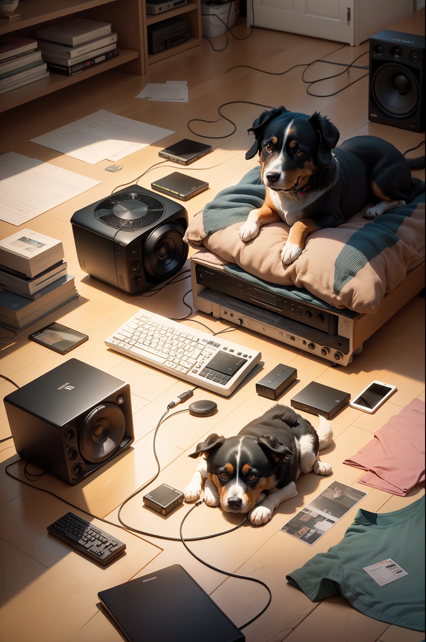 Create an image of a messy room that has a computer on, a stereo and a dog looking at it. dog