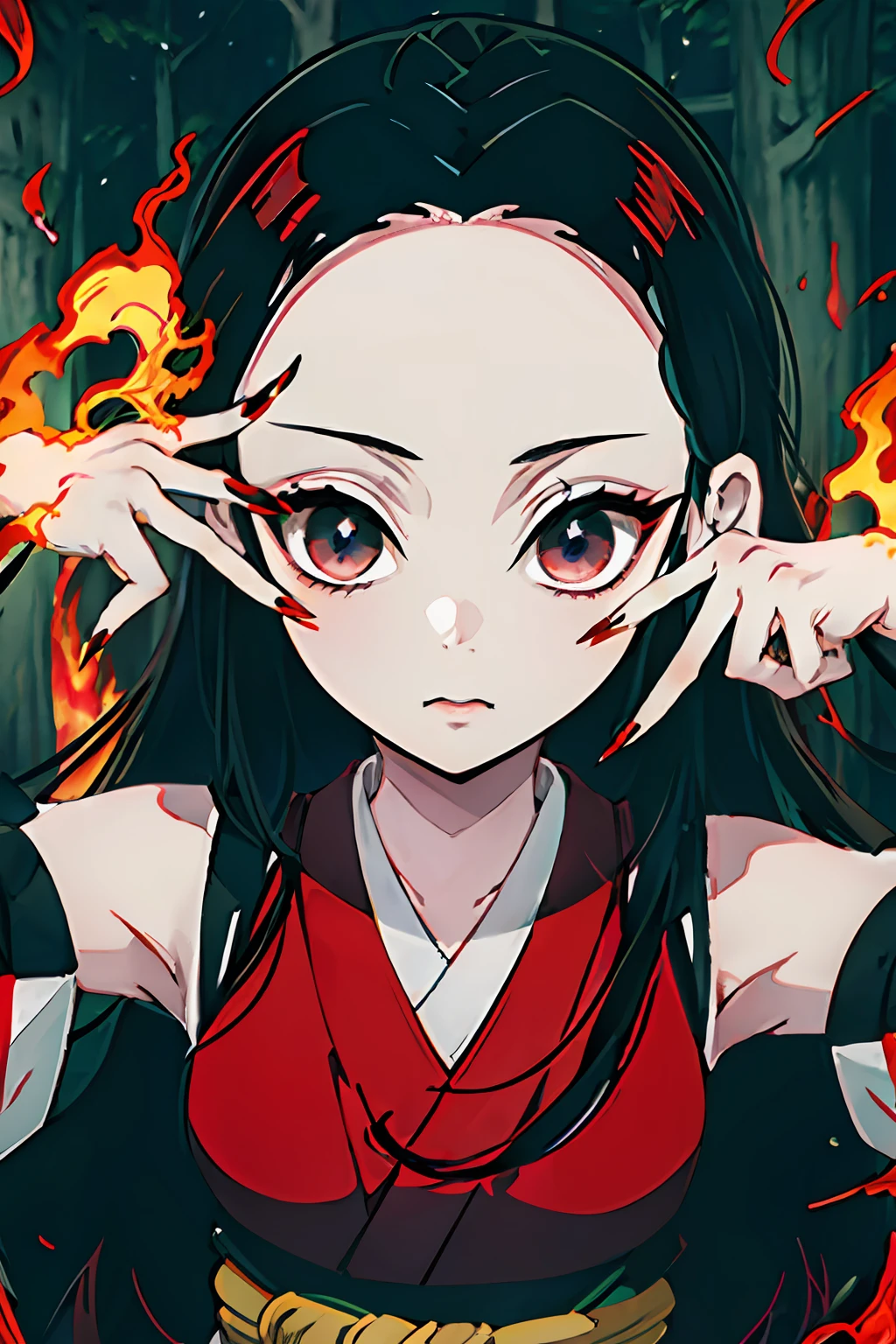 Kimetsu no Yaiba style, 1girl, 独奏, kblack eyes, bright red hair, extra very long hair,   ((Masterpiece)), ((portraite of a)), The forest is on fire, Lessolo on fire, the night,  ((Masterpiece)), (((hiquality))), japanese clothes, black kimono, Sleeveless, detached sleeves, black nails, blue shadows,  ((Masterpiece)), ((portraite of a)),