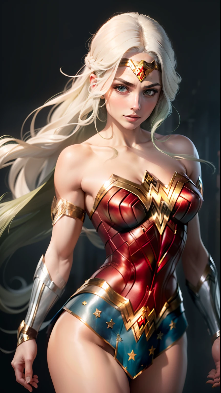 "((best quality,best ilumination)), Cute model with long white hair and athletic body, abdomen detalhado (((vestindo a WONDER-WOMAN))), seios acentuados e destacados, dynamic pose, fundo colorido, high saturation, luzes vibrantes." corpo inteiro (((Cabelo branco e verde))) ((detailed hands)) (((25 anos)))