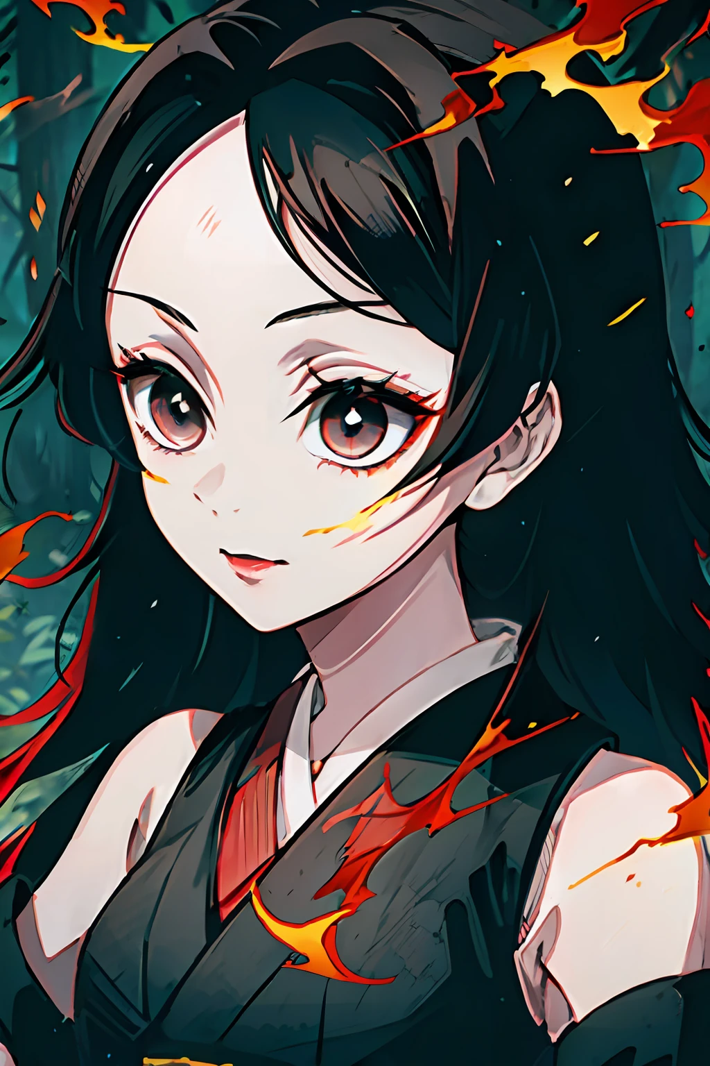 Kimetsu no Yaiba style, 1girl, 独奏, kblack eyes, bright red hair, extra very long hair,   ((Masterpiece)), ((portraite of a)), The forest is on fire, Lessolo on fire, the night,  ((Masterpiece)), (((hiquality))), japanese clothes, black kimono, Sleeveless, detached sleeves, black nails, blue shadows,  ((Masterpiece)), ((portraite of a)),