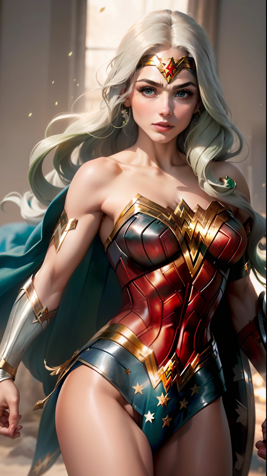 "((best quality,best ilumination)), Cute model with long white hair and athletic body, abdomen detalhado (((vestindo a WONDER-WOMAN))), seios acentuados e destacados, dynamic pose, fundo colorido, high saturation, luzes vibrantes." corpo inteiro (((Cabelo branco e verde))) ((detailed hands)) (((25 anos)))