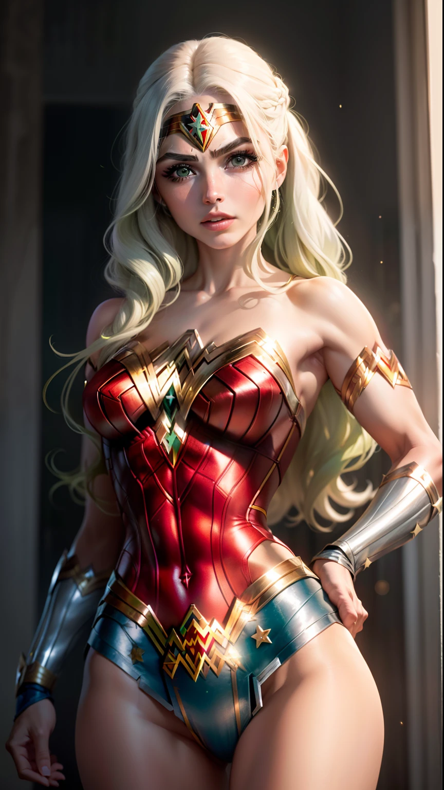 (best quality,ultra-detailed,photo-realistic:1.37),bright and vibrant colors,studio lighting,playful expression,stylish makeup,long blonde hair flowing in the wind,alluring eyes,glossy lips,sexy pose, DC Justice League, Headquarter, smiling in a confident and seductive way,posing for a professional photoshoot,shallow depth of field,highlighting the main subject,soft natural lighting,creating a dreamy and magical atmosphere.