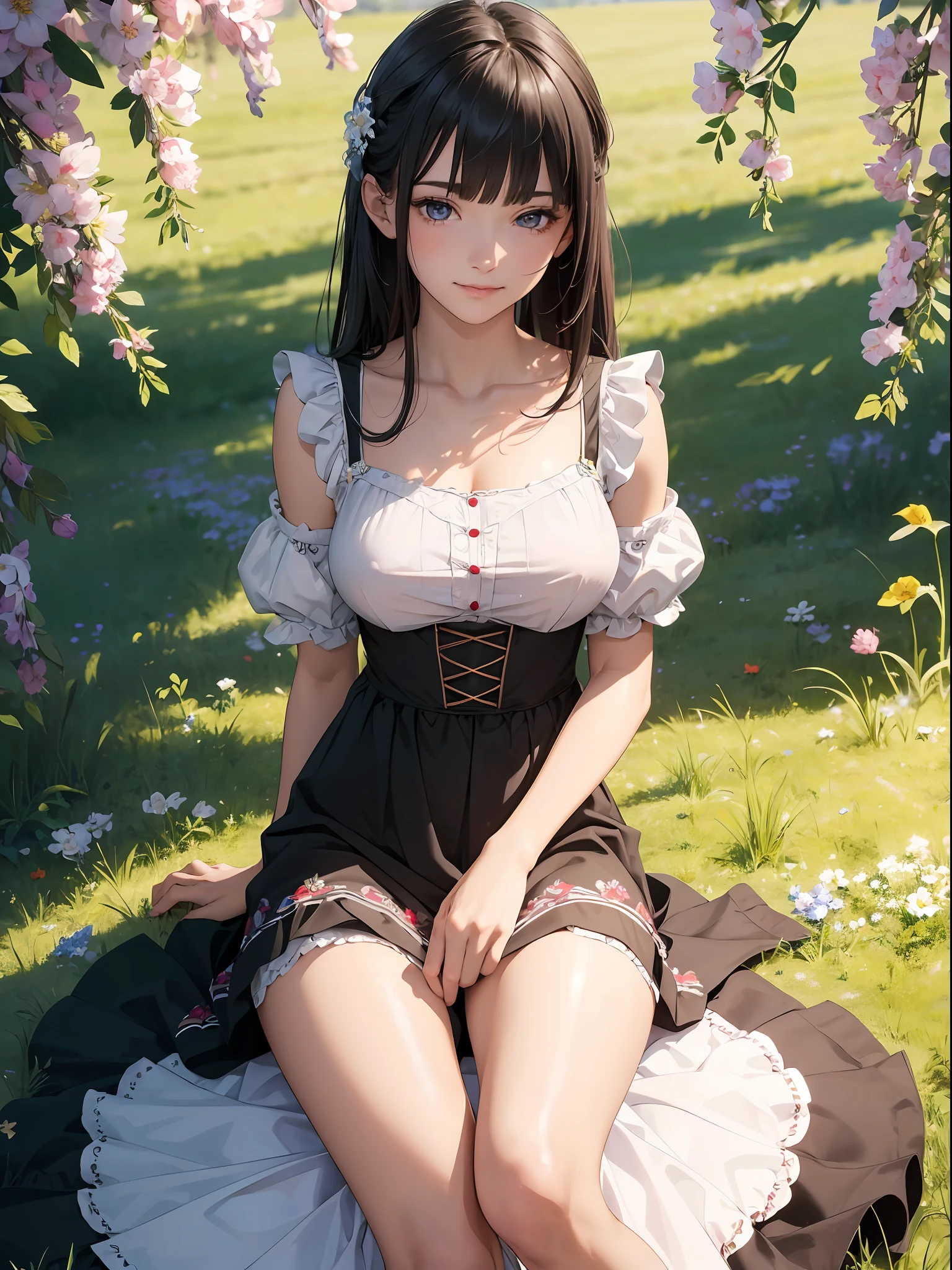 big boobs girl seat in a garden with opened legs, transparent clothes, realistic, detailed --auto --s2