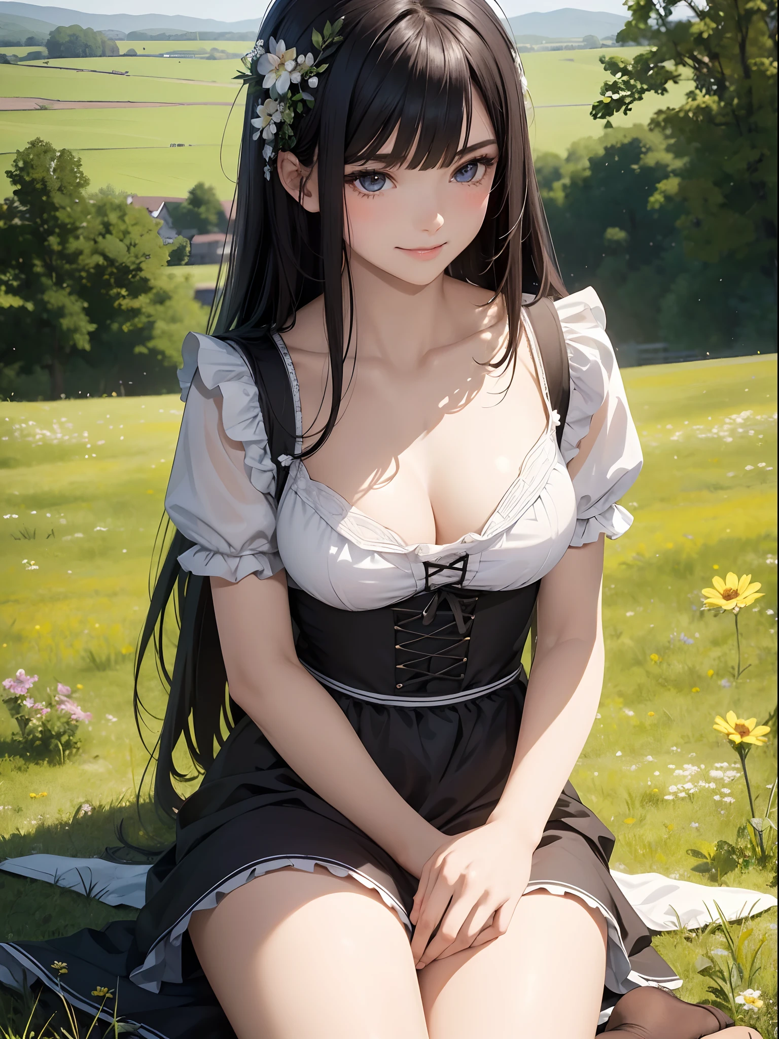 (masterpiece), (realistic), (best quality), (ultra-detailed), amazing, girl, 18 years old, full body, black hair, long hair, blunt bangs, straight hair, big breasts, slender weist, smile beautiful eyes, brown eyes, jewel in the sparkle galaxy, 1 girl , ((high detailed face)) , feminine, slightly muscular, blushing, smirking expression, collarbone, sitting down, crossed legs, wide field of view, cowboy shot, (masterpiece), highres , (ultra detailed), accurate anatomy ,smooth, 8K, raytracing, vibrant colours, flower meadow background, dirndl, traditional bavarian dress, wearing a dirndl