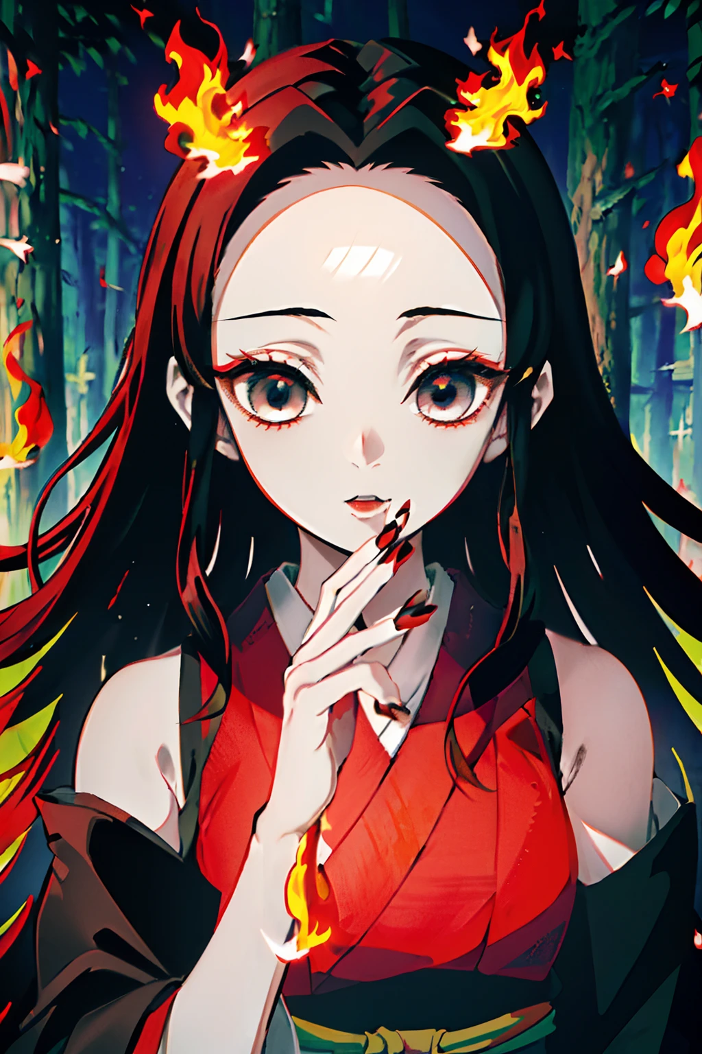 Kimetsu no Yaiba style, 1girl, 独奏, kblack eyes, bright red hair, extra very long hair,   ((Masterpiece)), ((portraite of a)), The forest is on fire, Lessolo is on fire, the night,  ((Masterpiece)), (((hiquality))), japanese clothes, black kimono, Sleeveless, detached sleeves, black nails, blue shadows