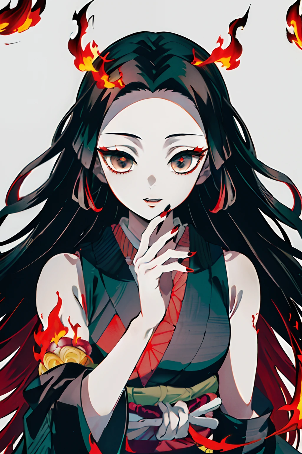 Kimetsu no Yaiba style, 1girl, 独奏, kblack eyes, bright red hair, extra very long hair, ((Masterpiece)), ((portraite of a)), The forest is on fire, Lessolo is on fire, the night, ((Masterpiece)), (((hiquality))), japanese clothes, black kimono, Sleeveless, detached sleeves, black nails, blue shadows