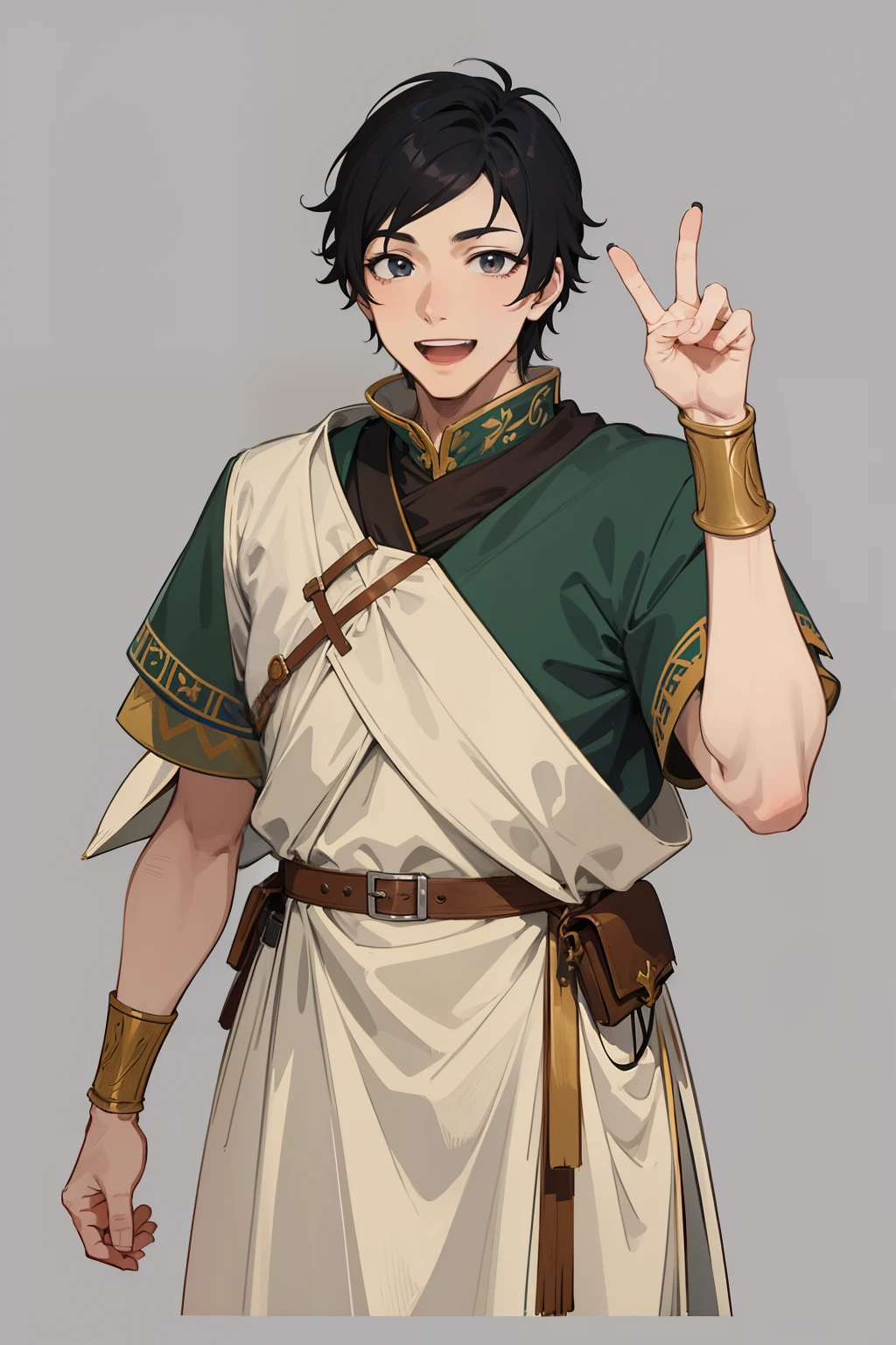anime screenshot　Medieval European cloth costumes　28-year-old man with short black hair standing　Left hand is a peace sign　He looks at us with a big smile。Fine line art 2020s anime　light skinned　detail up