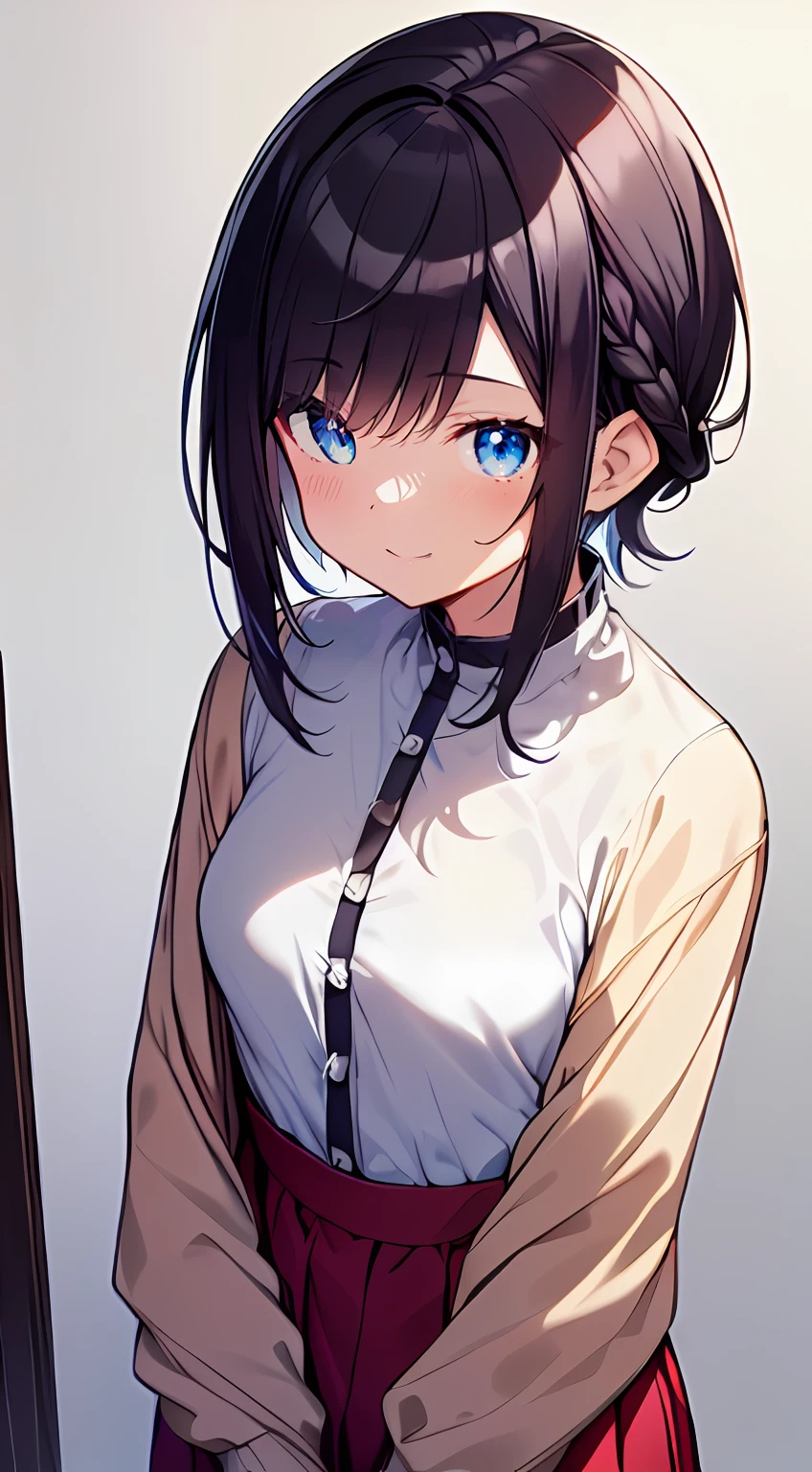 masutepiece, Best Quality,Illustration, Wallpaper, Ultra Detail, 1girl in,Solo,Beautiful detailed eyes,Very thick contour lines、Medium Short-Cut Hair、Short, Braided hair、(student clothes)、Dark hair color、a serene smile、Kamimei、Overlooking angle:1.2、small head、ample breasts