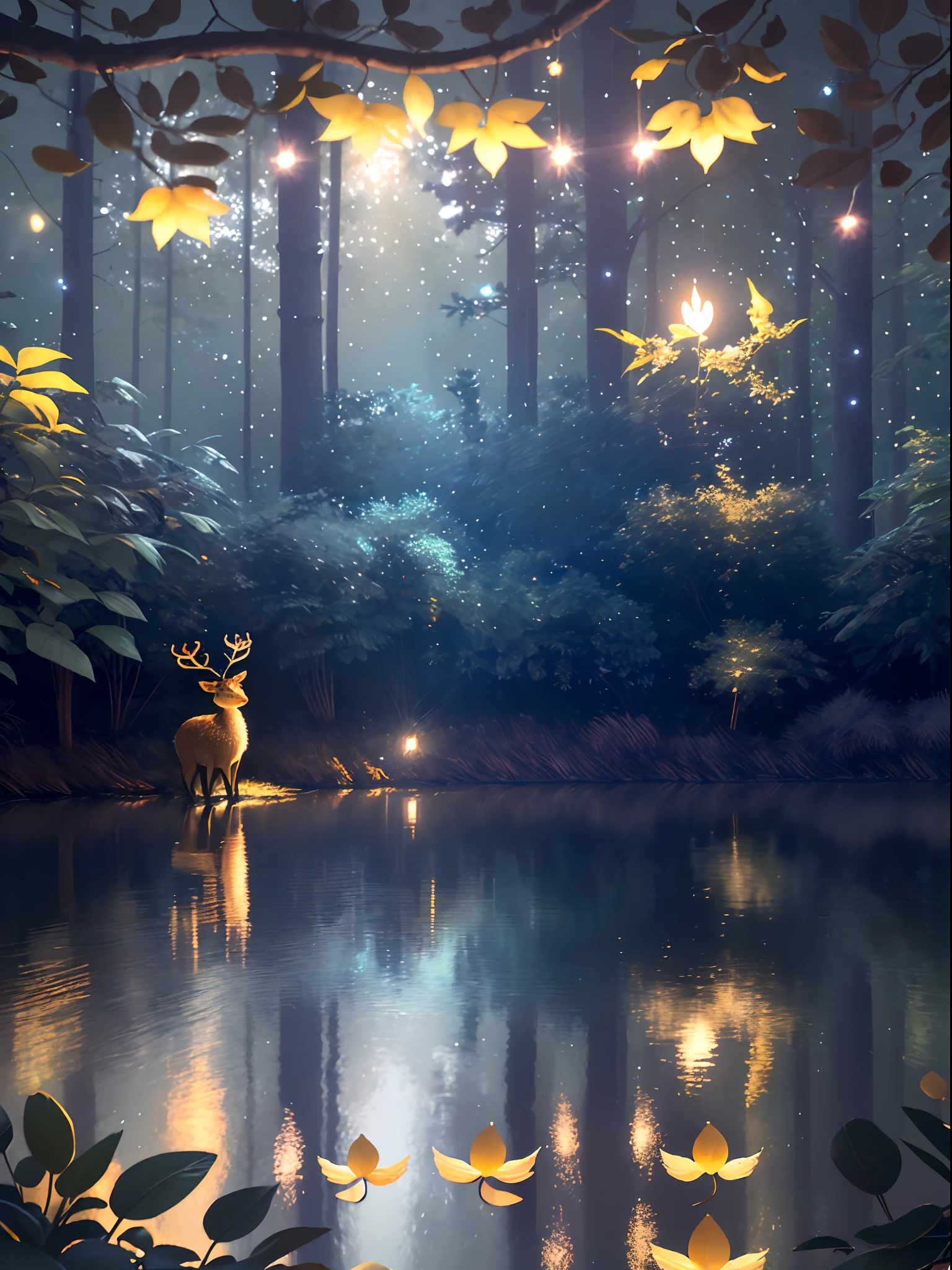 Masterpiece, best quality, (very detailed CG unity 8k wallpaper), (best quality), (best illustration), (best shadows), glow sprite, with a glowing deer, in the swimming pool Drinking water, natural elements in the forest theme. Mysterious forest, beautiful forest, nature, surrounded by flowers, delicate leaves and branches surrounded by fireflies (natural elements), (jungle theme), (leaves), (twigs), (fireflies), (particle effects) etc. 3D , Octane rendering, ray tracing, super detailed