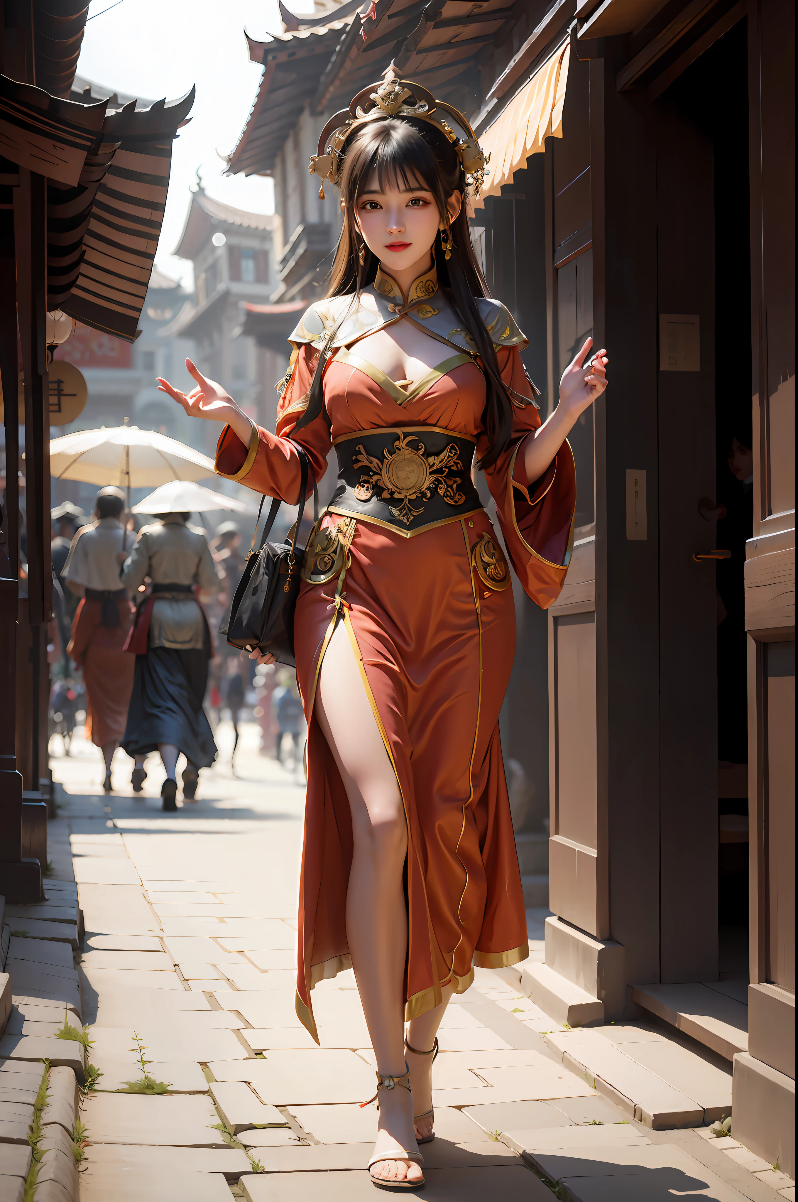 A woman in oriental dress walks the street with an umbrella, full-body xianxia, Inspired by Li Tang, Ruan Jia and Artgerm, inspired by Han Gan, ne zha from smite, inspired by Ju Lian, Inspired by Lan Ying, clothed in ancient street wear, Chinese costume, Artgerm and Ruan Jia, shaxi, Gorgeous Role Play