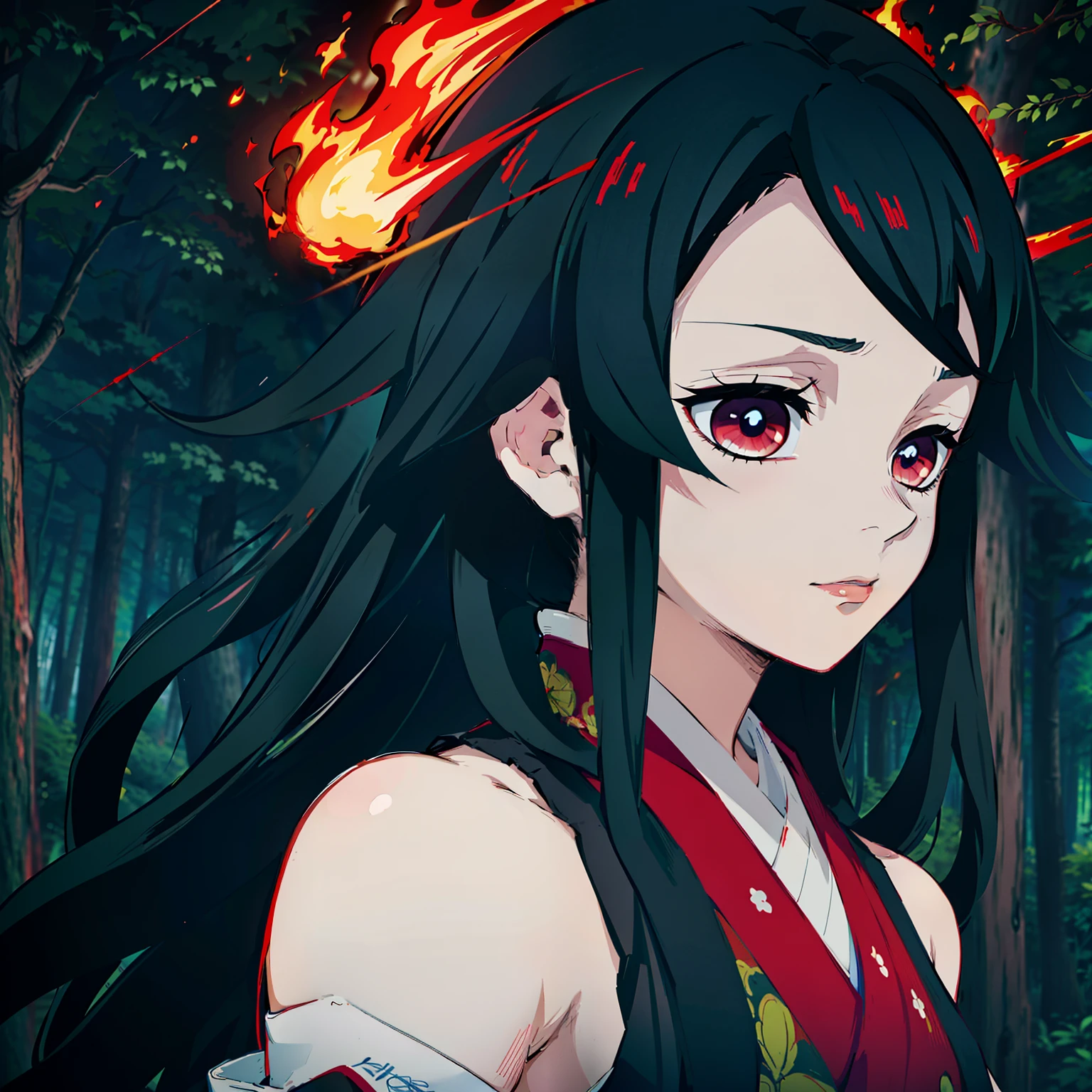 Kimetsu no Yaiba style, 1girl, 独奏, kblack eyes, bright red hair, extra very long hair, ((Masterpiece)), ((portraite of a)), The forest is on fire, Lessolo on fire, the night, ((Masterpiece)), (((hiquality))), japanese clothes, black kimono, Sleeveless, detached sleeves, black nails, blue shadows