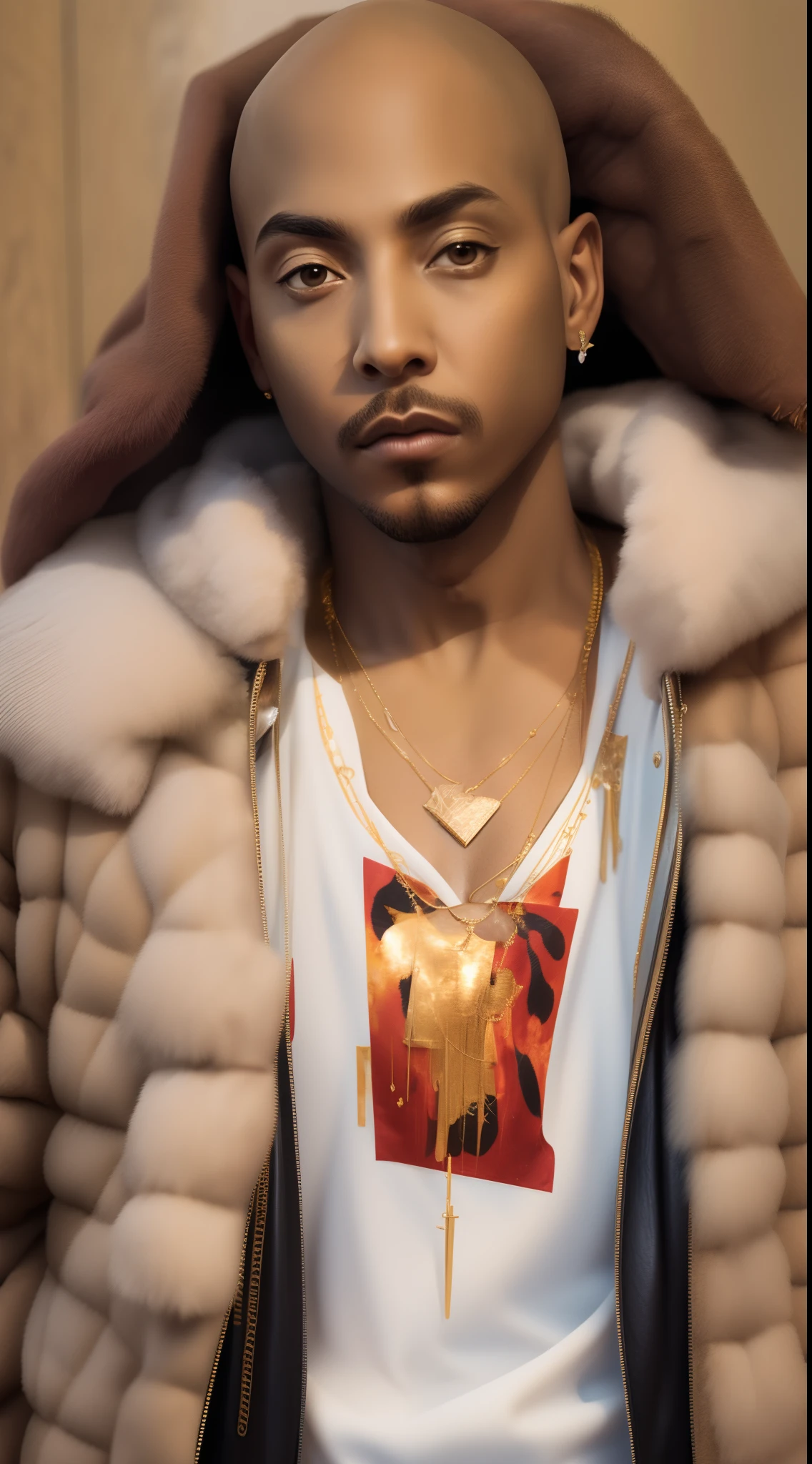 1rapper with Bald hair, T Pose, Green background, modern mink Fur Jacket (Gucci) (Fendi) (H R Gigger), High End Luxury Fashion, Lots of GOld Chains Jewelry and Diamonds, fog, detailed and realistic image, amazing composition with vintage scenery with abstract shapes, abstract minimalist background with tentacles, melt, drip, yoshitomo nara:1.5, wes anderson:1.3, new casualism, retro, minimalism,BiopunkAI