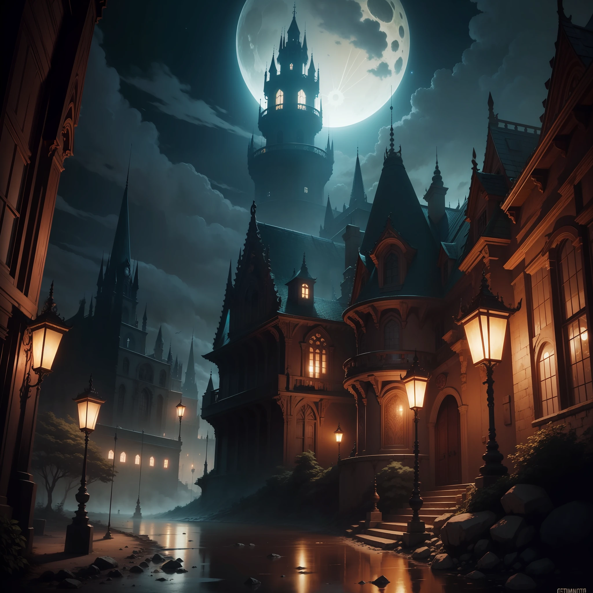 Castlevania-style anime setting, gotic , bosque, noite de lua cheia ao fundo , borboletas roxas voando