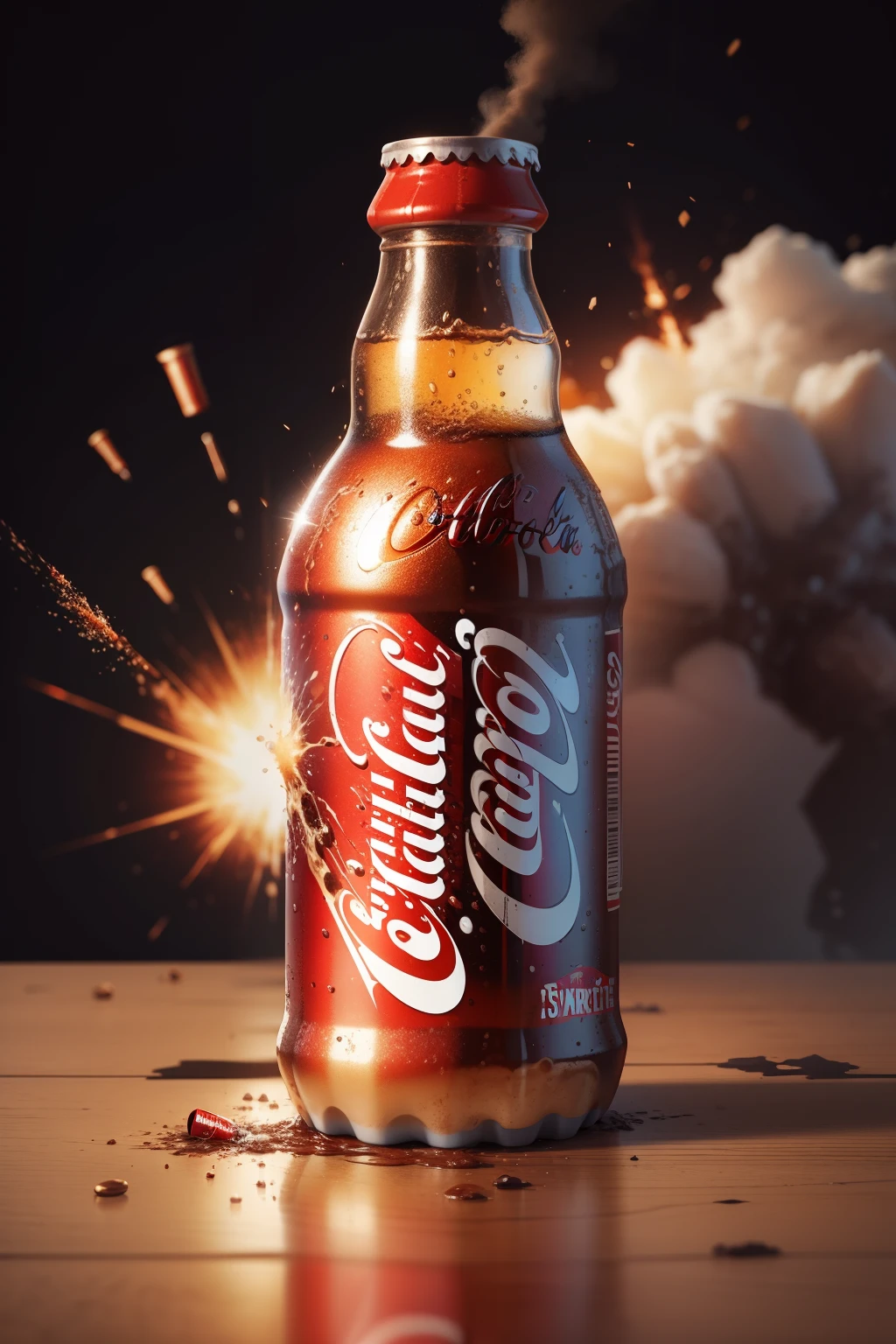 a bottle of coke-cola exploding no writing