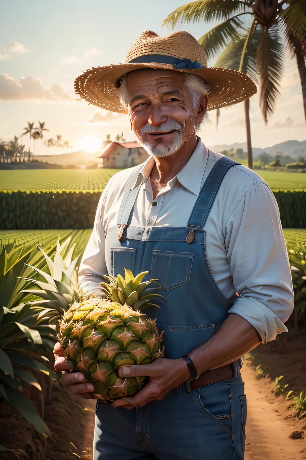 (Homem do campo, idade 60 anos), (Smiling farmer with hat), (holding a pineapple in your hands), pineapple plantation fund, trator ao fundo, casa de fazenda ao fundo, luz de entardecer, ultra realista, hd, complexo, poster