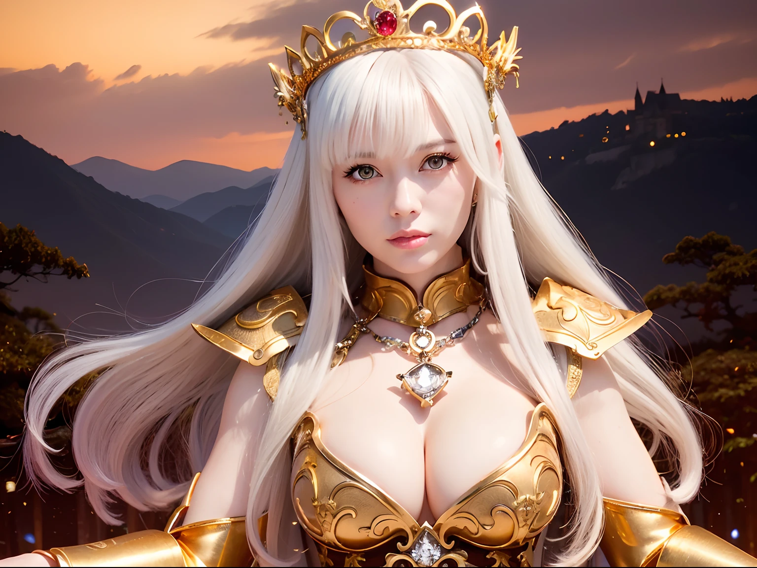 (masutepiece), Professional , masterpiece、top-quality、photos realistic , depth of fields (Gemstone Silver Metal Body:1.9),(Matte White、Jewel Gold Weapon、(Gorgeous castle background)、(ultimate beauty girl)、(Jewel Metal Body:1.4),Gorgeous Jewel Metal Weapons , Detailed Sword of the Brave ,( Soldier background in metal armor) ,warhammer 40k , adepta sororitas,Detail and ornate jewel crown、独奏、Black hair、(Gangle's forest background)、Beautiful Caucasian beauty、1a person、dynamic ungle,(((Diamond tiara with detail and luxury)))、a small face、A smile、Powerful poses、(Gorgeous castle background)、huge filesize、20 year old beautiful woman、Stand in the center of the screen、Thin female fingers、Straight long hair、Beautiful Caucasian beauty、Whole body、