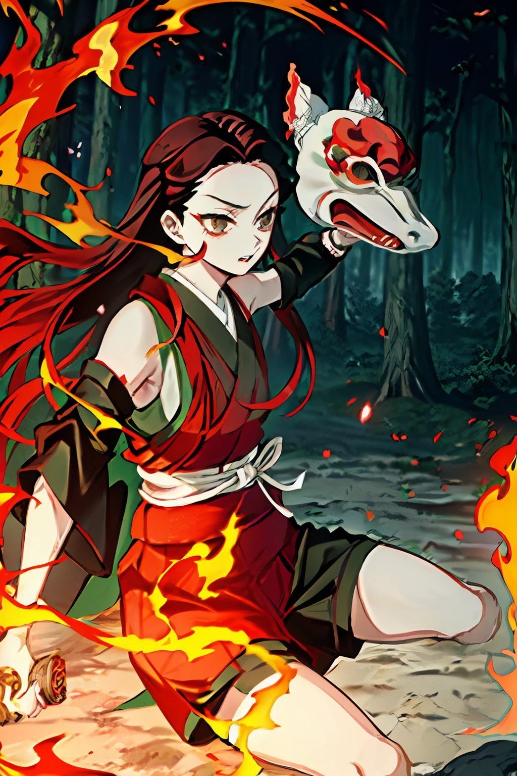 Kimetsu no Yaiba style, 1girl, 独奏, kblack eyes, bright red hair, extra very long hair, ((Masterpiece)), ((portraite of a)), The forest is on fire, Lessolo blazes, the night, ((Masterpiece)), (((hiquality))), japanese clothes, black kimono, Sleeveless, detached sleeves, bike shorts, ninja mask,