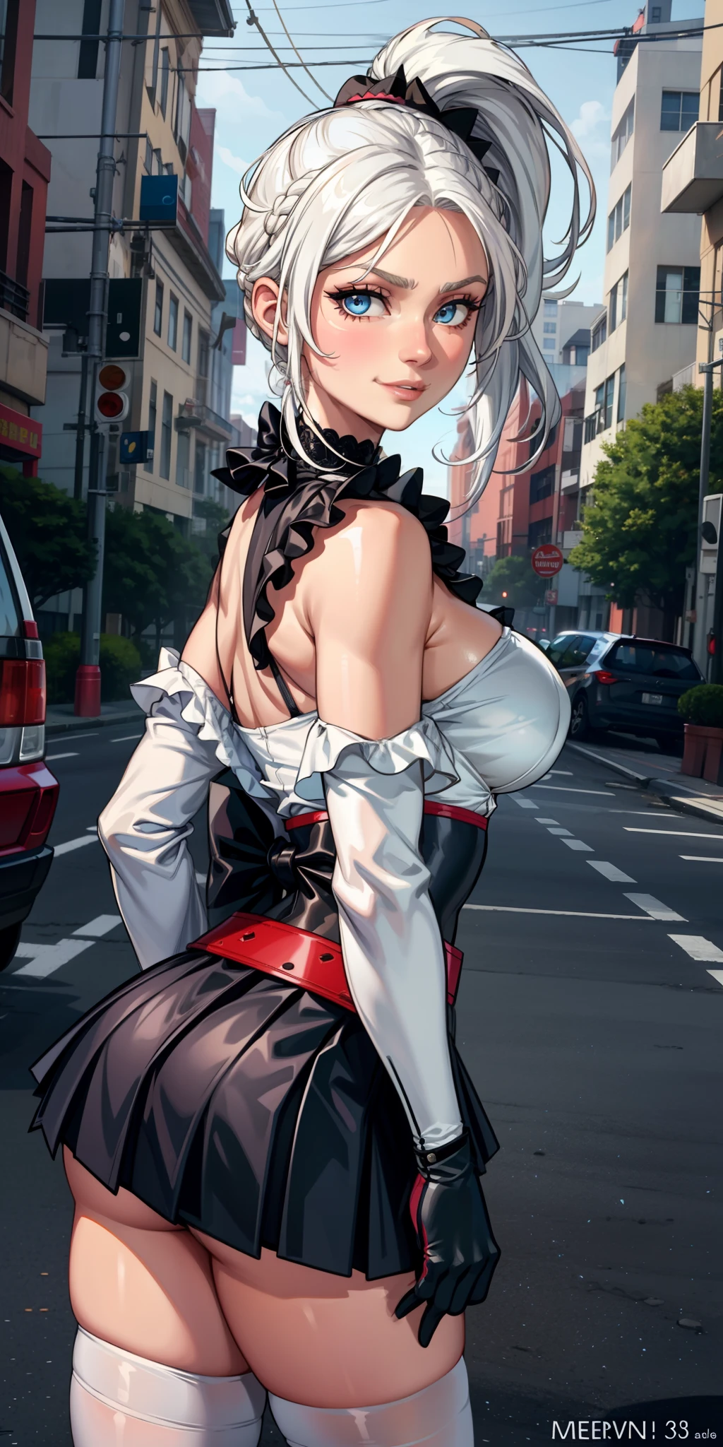 Big breasts, 1girl, ((white hair with a ponytail)) ((girl)) blue eyes, has an extremely sexy body, with full breasts and a thin waist, and a sexy body, fabric headband, off-the-shoulder blouse, elbow-length gloves, short skirt, baseball cap, blouse at the waist, large breasts, white thigh-high stockings, from behind, looking at the viewer, has a youthful appearance. young, quality, realistic, best quality, embarrassed sexy expression, shy smile, shy, angle from behind, street, from behind, looking at viewer