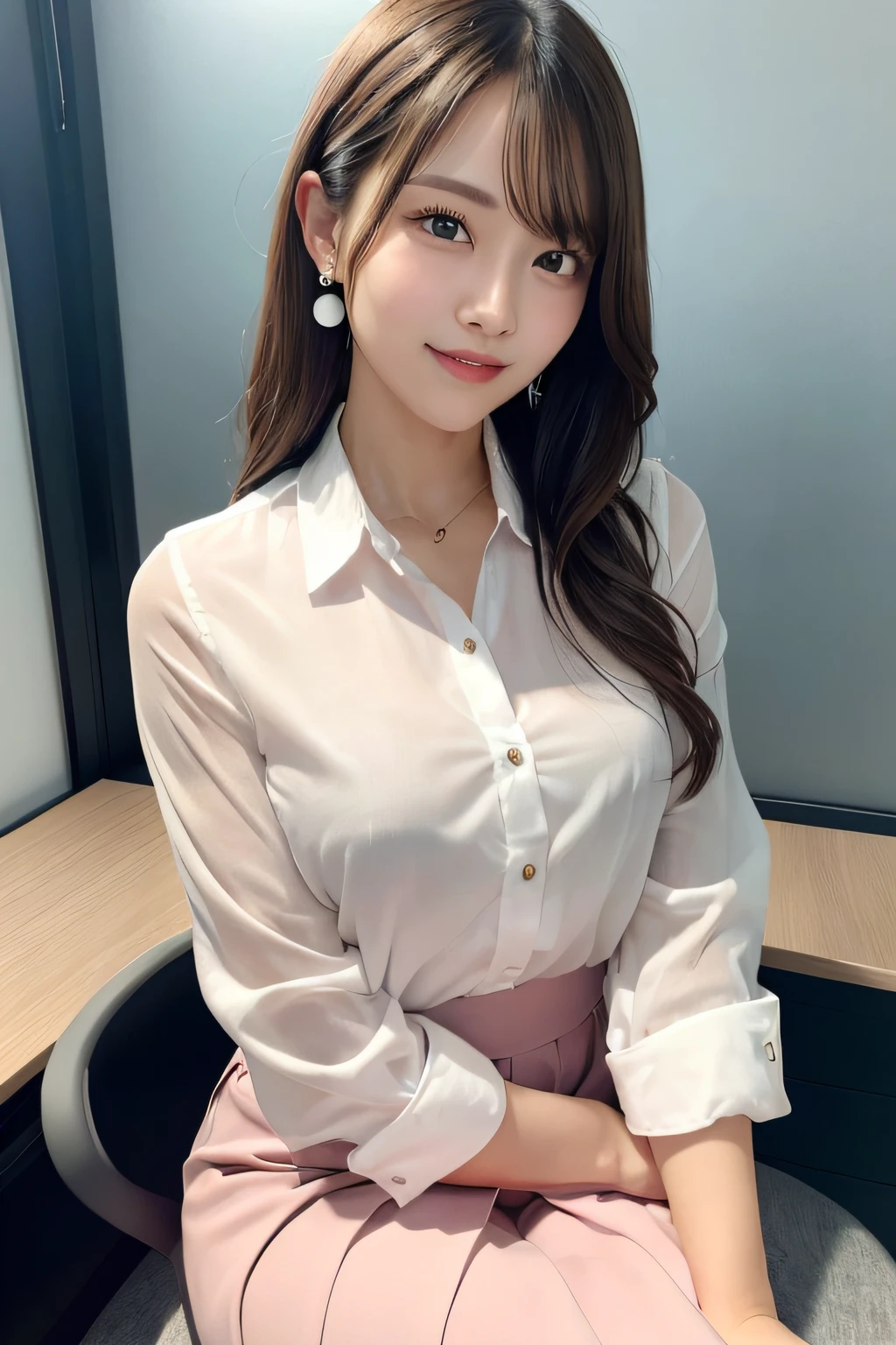 (masutepiece:1.3), High resolution, ultra-detailliert, the Extremely Detailed CG Unity 8K Wallpapers, Realistic, Photorealsitic, Raw photo, beautifull detailed face, pale skin, realistic glistening skin, Detailed Cloth Texture, detailed hair texture, Perfect body, Beautiful face, 准确, Anatomically correct, Highly detailed face and skin texture, Natural neck length, (Beautiful hands), (Fair skin:1.2), thin legs, Thin feet, 
BREAK, 
Detailed eyes, symmetrical eye, Light brown eyes, Double eyelids, Thin eyebrows, (Glossy lips:1.4), ((gently smiling:1.2)), (blush:1.1),
BREAK, 
(Classy and cute girl:1.3), (Wear elegant clothes (white) Button shirt:1.2), ((Light pink) Long skirt with irregular hem:1.2), Close the button, 
medium large breasts, (Slender figure:1.1), Firm abs, Beautiful collarbone, 
(Dark blonde hair, Wavy Hair, Long hair:1.2), ((asymmetrical bangs:1.2)), 
BREAK, 
((Sitting leaning against an office chair:1.3)), 
((In a fashionable office at night:1.4)), (Cowboy Shot:1.2), Looking at Viewer, From  above:0.65,