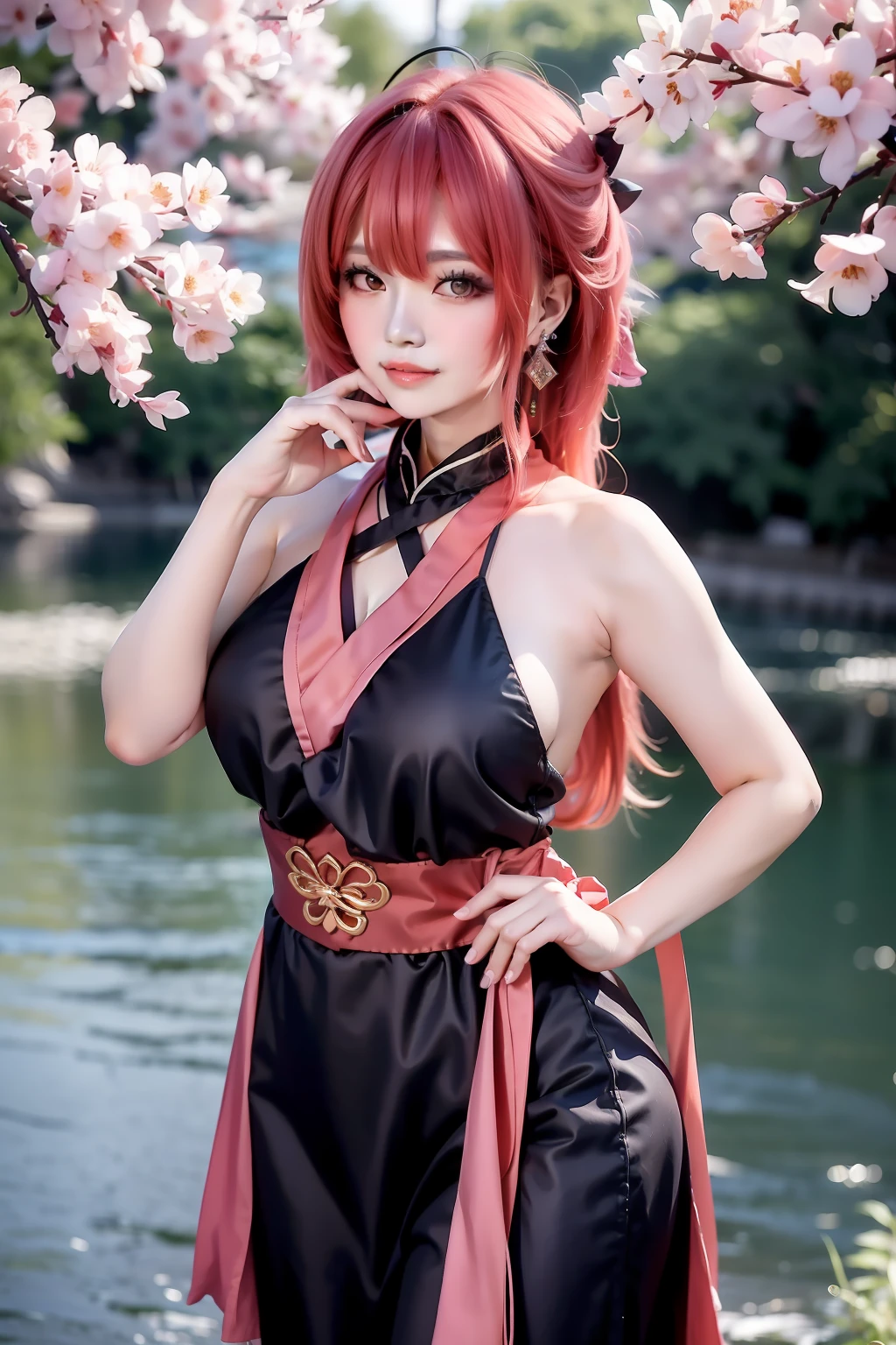 An Asian woman wears a black dress with a pink bow，Pose by the lake，Branches and heads wrapped around hair