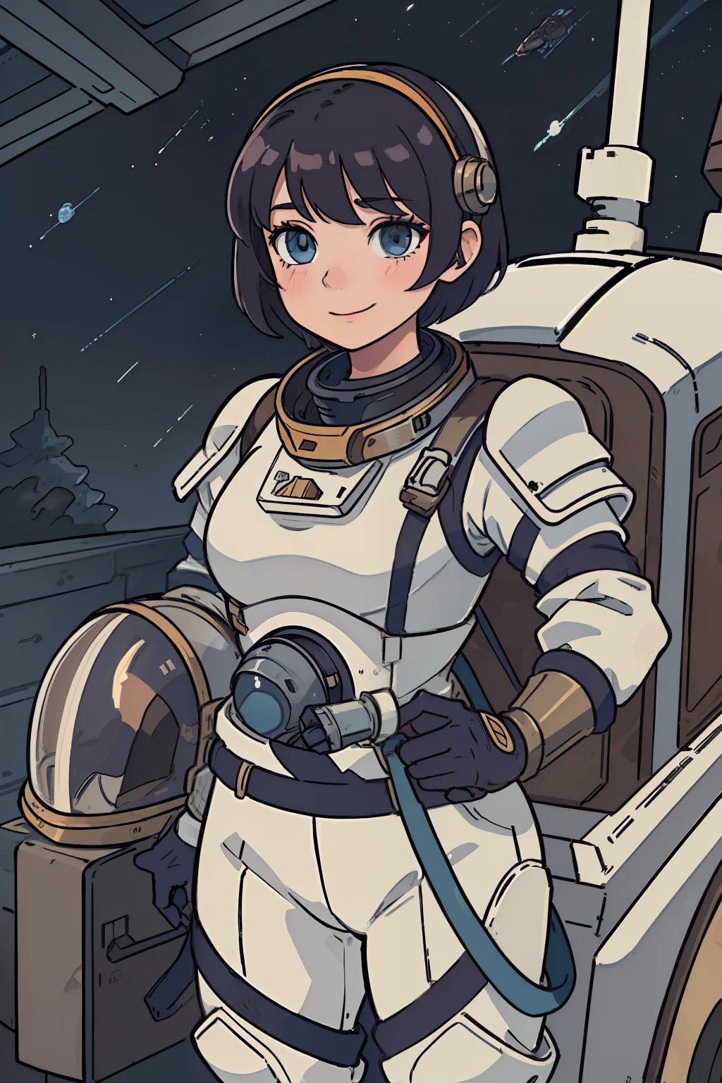 professional artwork, detailed eyes, beautiful eyes, beautiful face, flawless face, gorgeous face, smooth features, blush, short hair, very short hair, pixie cut, dark blue hair, unhelmeted head, beautifully detailed background, woman in armored space suit holding space helmet in her hands, space suit looks like knight armor, space suit, thick heavy space suit, environment suit, hoses and tubes on suit, dials and switches, mecha suit, space suit backpack, nasa, nasa punk, nasapunk, astronaut, cosmonaut, medieval knight, knight armor, leather armor and metal armor, mechanical background, sci fi, science fiction, futuristic, fantasy armor, full plate armor, medieval armor, knight helmet, knight visor, grilled faceplate, domed helmet, domed visor, large helmet, heavy collar, vacuum seal ring around neck, life support systems, rustic material, heavy stitching, thick leathers, armored breastplate, armored chest, leather gloves, rustic craftsmanship, adventurous, adventure, cute, smiling