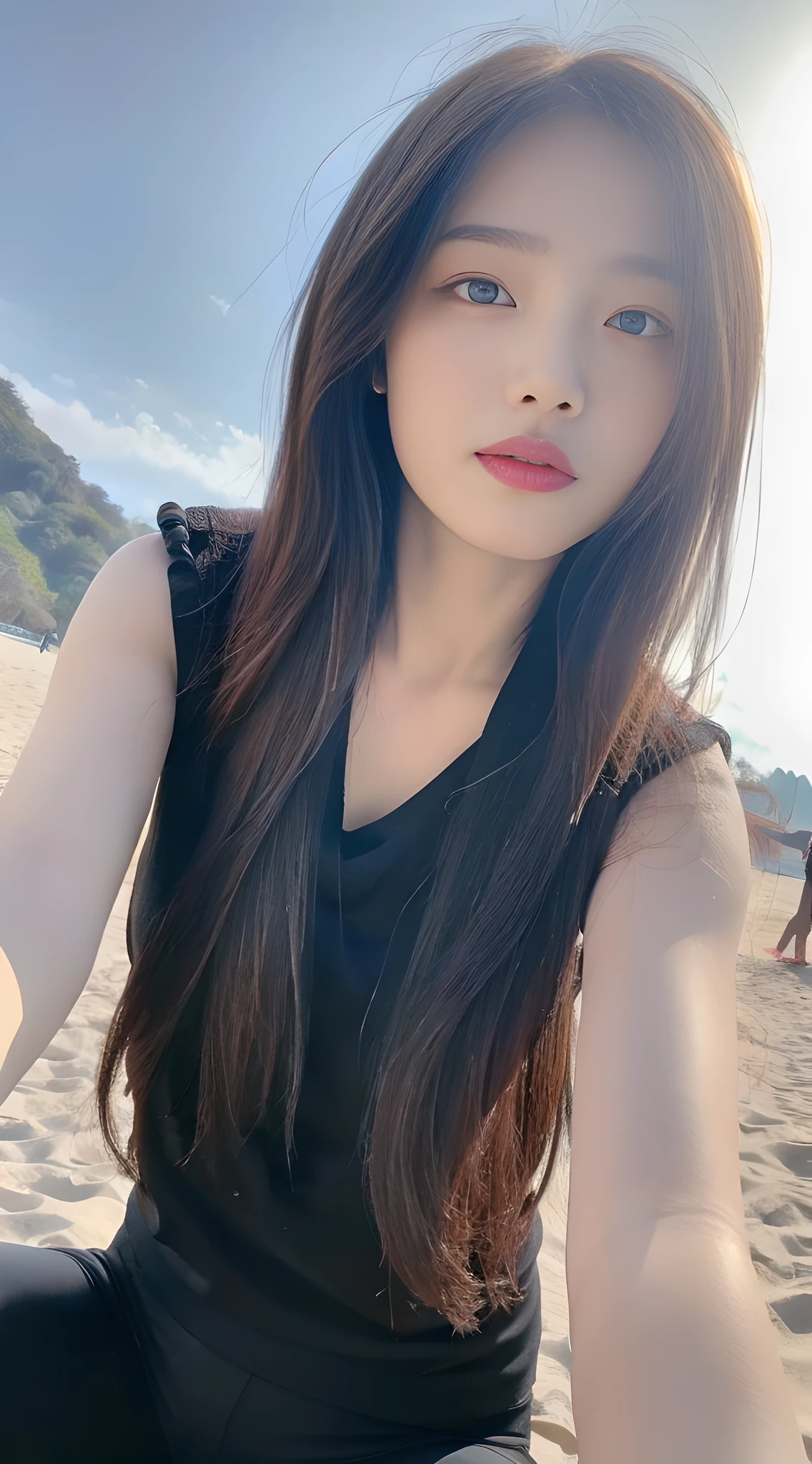 ((Best Quality, 8K, Masterpiece:1.3)), A beautiful girl, pure, melon face, gentle and cute, slightly chubby, partial head, ((long solid color top, yoga pants)), black fluffy long hair, round black big eyes, clear big eyes, moist red lips, sweet, standing, blue sky and white clouds, sunshine, beach background,