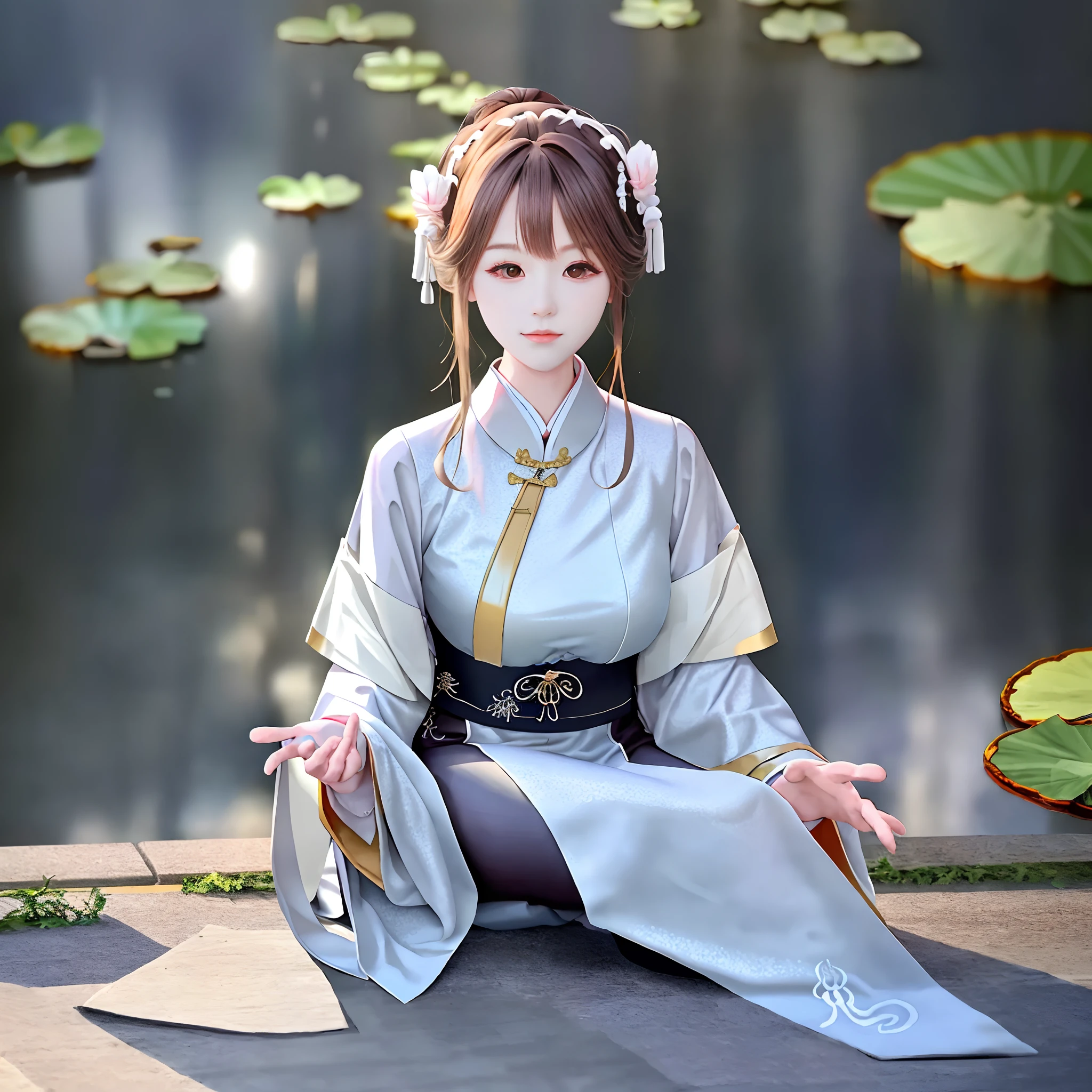 Woman sitting in lotus pose on the ground， A beautiful girl in Hanfu, Hanfu, White Hanfu, Wearing ancient Chinese clothes, with acient chinese clothes, full-body xianxia, Chinese costume, tranquil and graceful, Traditional Chinese clothing, Serene expression, Middle Metaverse, Daoism, nanquan，in the early morning，Soft，It exudes a soft golden light，