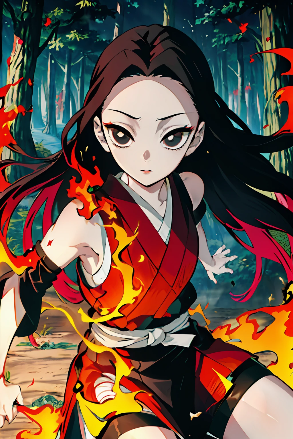 Kimetsu no Yaiba style, 1girl, 独奏, kblack eyes, bright red hair, extra very long hair,   ((Masterpiece)), ((portraite of a)), The forest is on fire, Lessolo blazes, the night,  ((Masterpiece)), (((hiquality))), japanese clothes, black kimono, Sleeveless, detached sleeves, bike shorts, ninja mask,