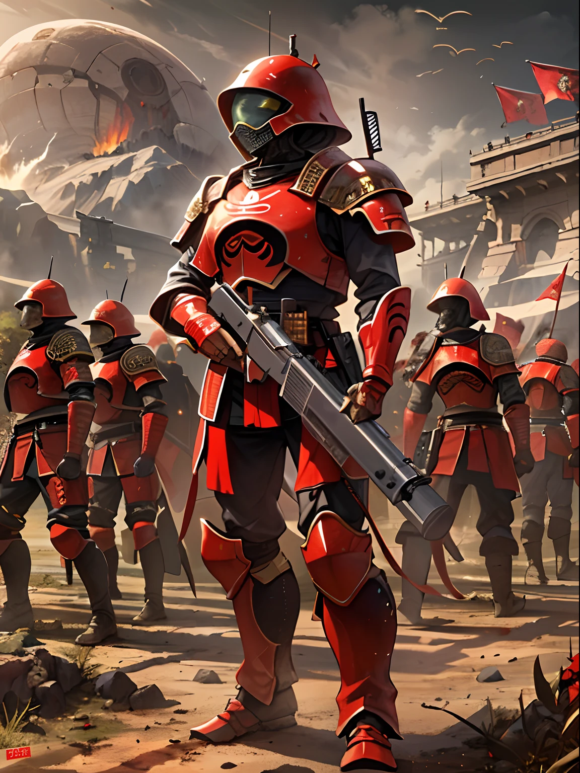 Future Battlefield, Alien Civilization War, Gunsmoke fills, A red flag was planted on a small mound, Soldiers in Chinese armor, full armour, The background is the army of the SA, The picture is stunning, Magnificent, Magnificent, in the style of futuristic, Ultra-wide angle, Masterpiece, ccurate, Anatomically correct, Super detail, Award-Awarded