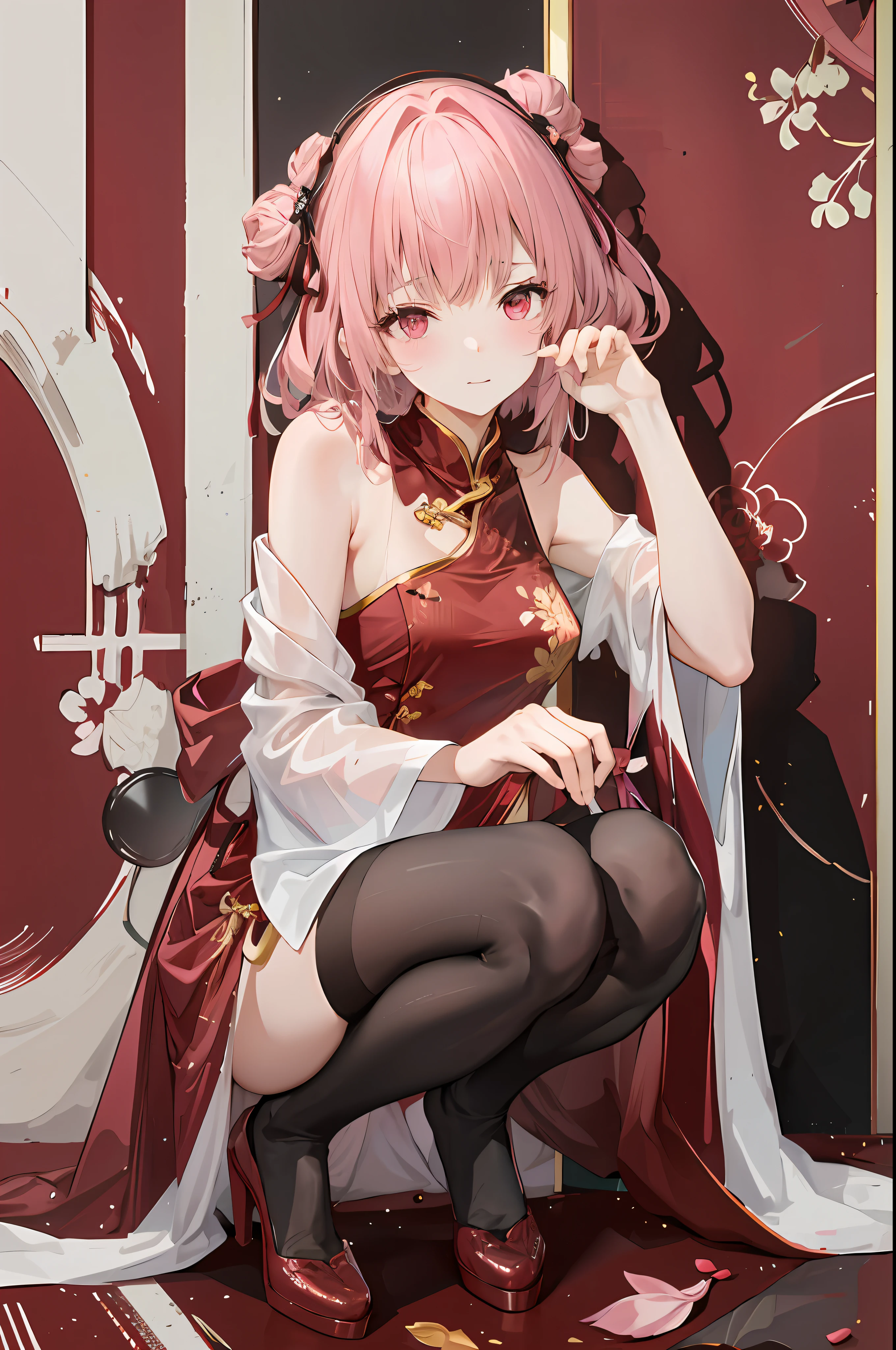 one-girl,Full body in camera,full bodyesbian,Ccup,(tmasterpiece),(best qualtiy),(A pink-haired,long whitr hair:2,White flower decoration,White hairpin),(lacepantyhose,black pantyhoses,stocklings,Full body pantyhose),(Bandeau cheongsam,Silk cheongsam),Bare back,Shoulders exposed,Chest exposure,(panties are visible:1.5,White panties)鎖骨,,(squatt,Full squat,Hold your cheeks with your hands,tilts your head),(cuteexpression,ssmile,Playful),(Be red in the face,putting makeup on, Blushlush),(White high heels,Pink cherry blossom decoration),(Light red carpet,Golden decoration),SakuraNS, the night,have to pee,Pee,pissing,Pee yourself,Top lighting,16k,High- sharpness,high qulity,wide wide shot,Bright colors