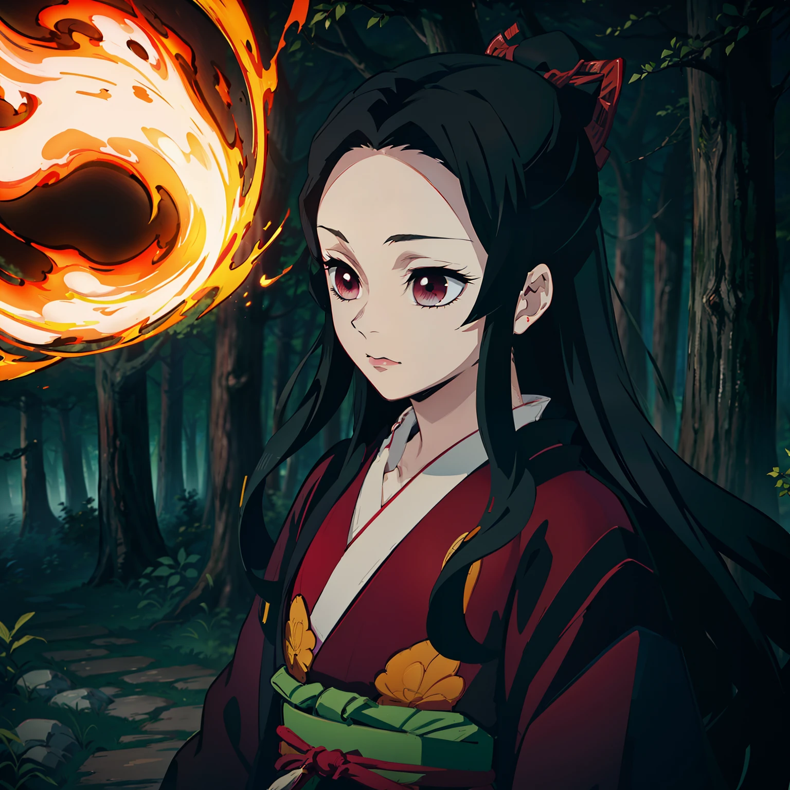 Kimetsu no Yaiba style, 1girl, 独奏, kblack eyes, Vermilion hair, extra very long hair, red kimono, Obi Belt,  ((Masterpiece)), ((portraite of a)), The forest is on fire, The forest is blazing