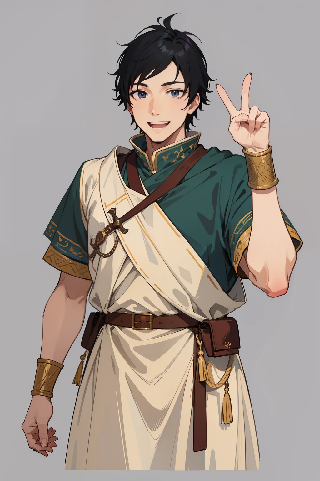 anime screenshot Medieval European cloth costumes 28-year-old man with short black hair standing Left hand is a peace sign He looks at us with a big smile。Fine line art 2020s anime light skinned detail up