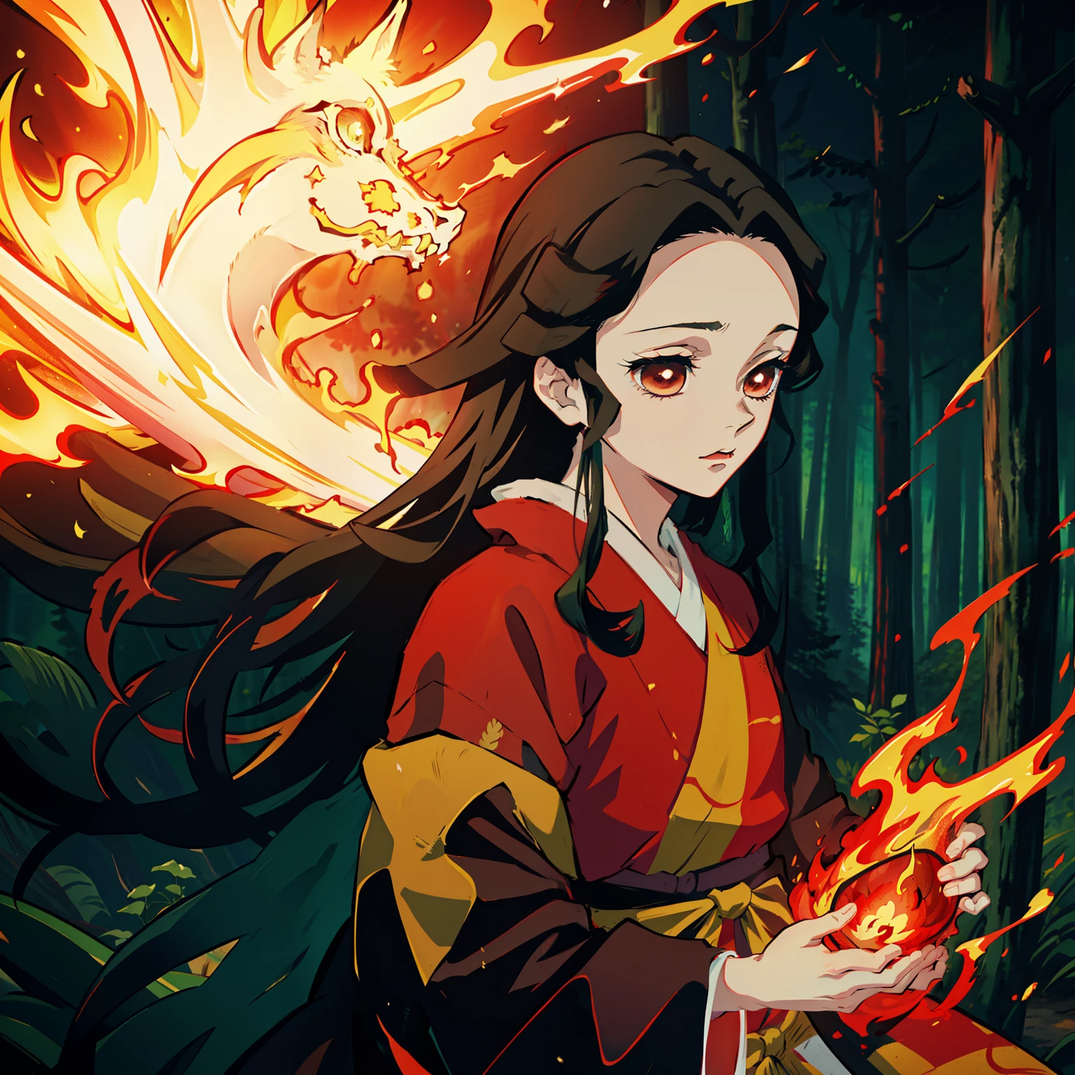 Kimetsu no Yaiba style, 1girl, 独奏, kblack eyes, bright red hair, extra very long hair, red kimono, Obi Belt, ((Masterpiece)), ((portraite of a)), The forest is on fire, The forest is blazing