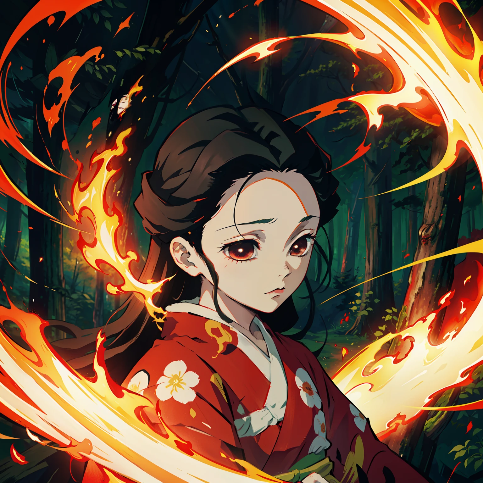 Kimetsu no Yaiba style, 1girl, 独奏, kblack eyes, bright red hair, extra very long hair, red kimono, Obi Belt, ((Masterpiece)), ((portraite of a)), The forest is on fire, The forest is blazing
