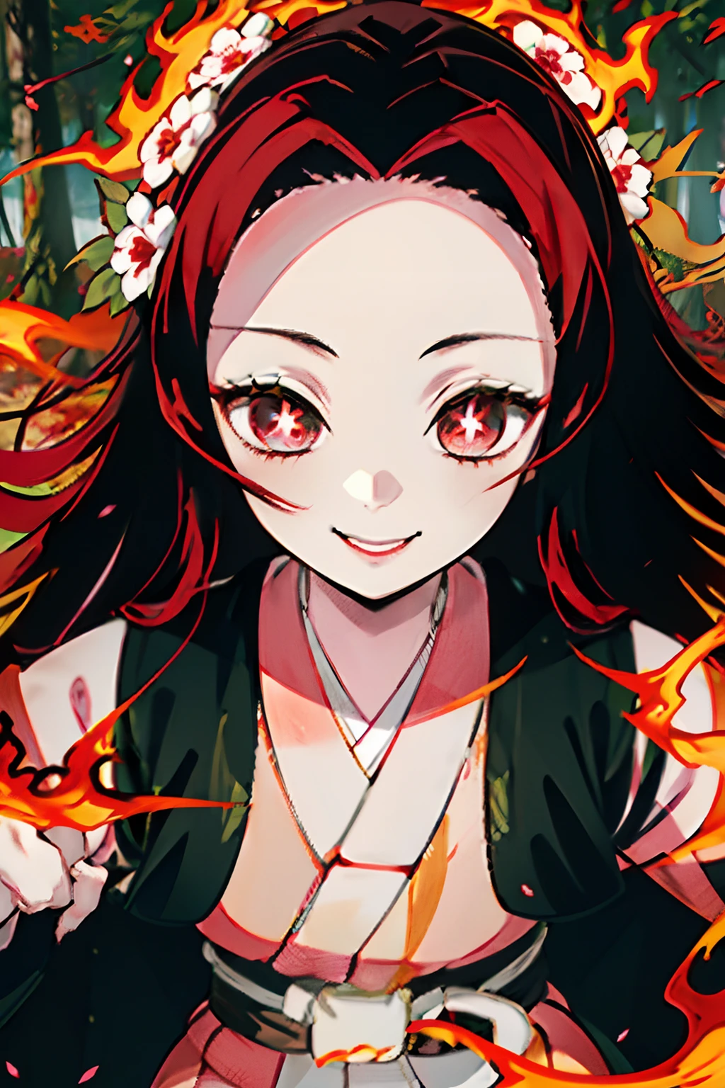 Kimetsu no Yaiba style, 1girl, 独奏, Smile, kblack eyes, white pupils in the shape of flowers, Bright red hair, extra very long hair, long tail, red kimono, Obi Belt,  ((Masterpiece)), ((portraite of a)), The forest is on fire, The forest is blazing